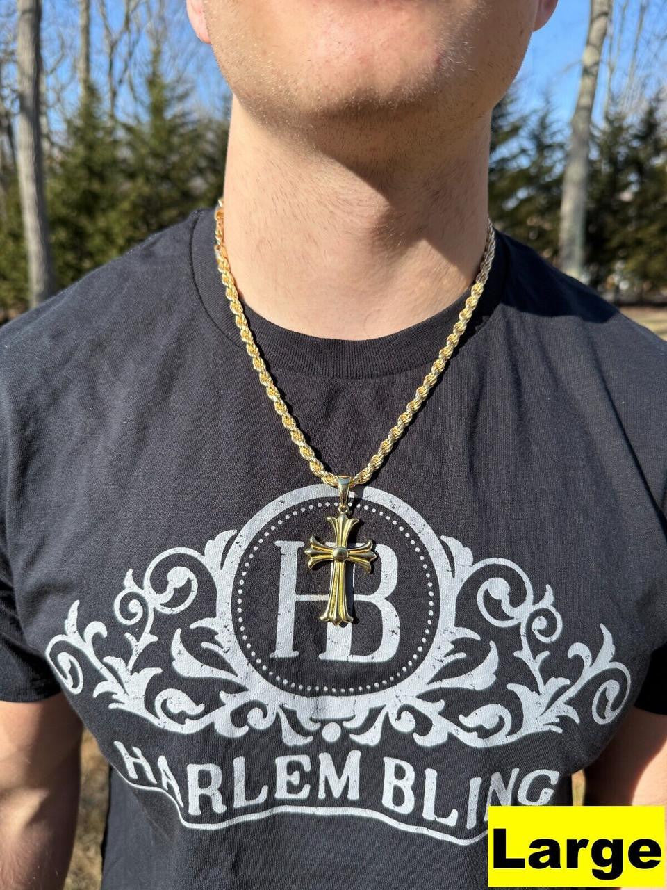 Hearts Chrome Cross Pendant - 14k Gold Vermeil 925 Silver - 3 Sizes 1"-2.5"