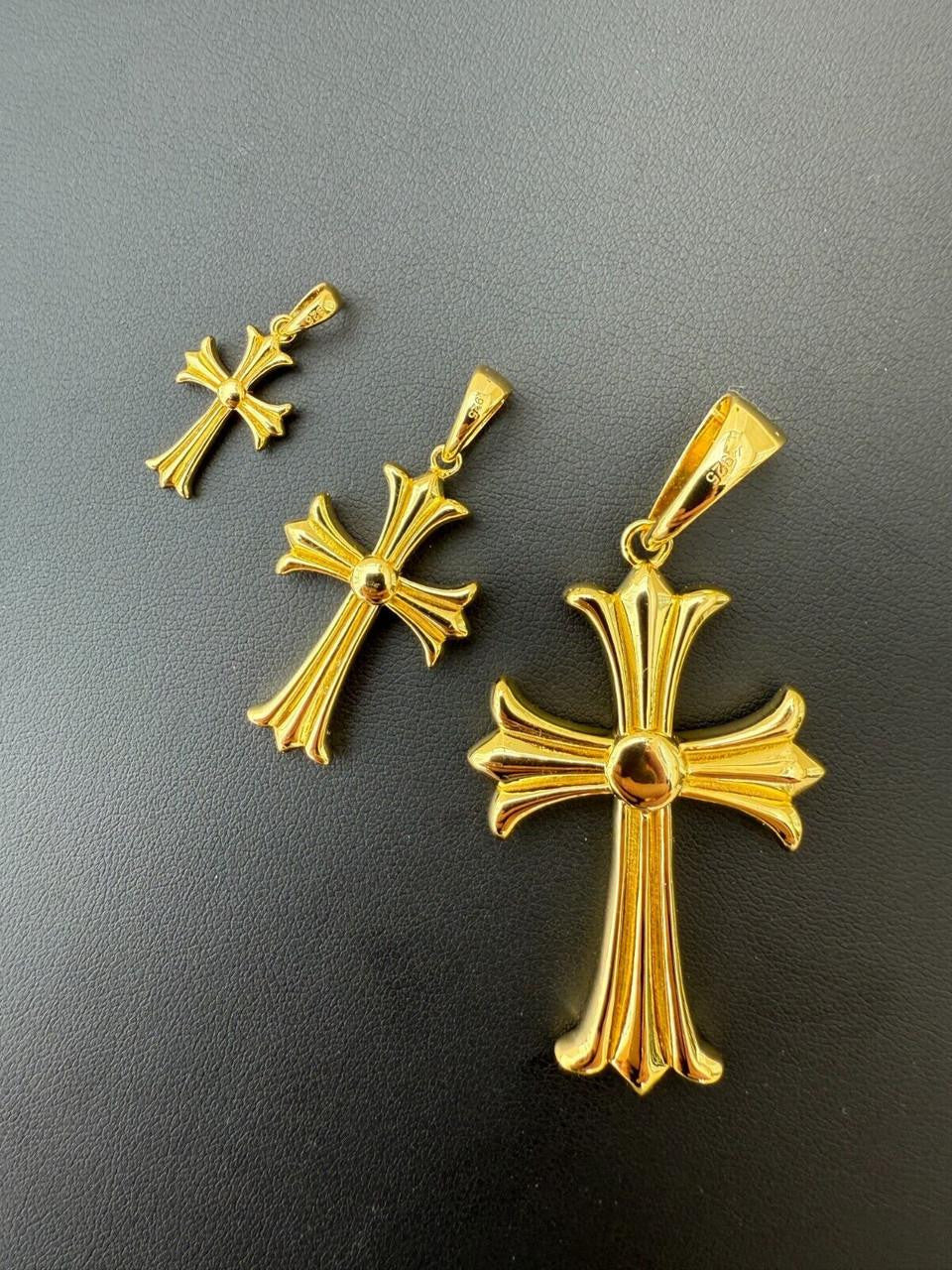 Hearts Chrome Cross Pendant - 14k Gold Vermeil 925 Silver - 3 Sizes 1"-2.5"