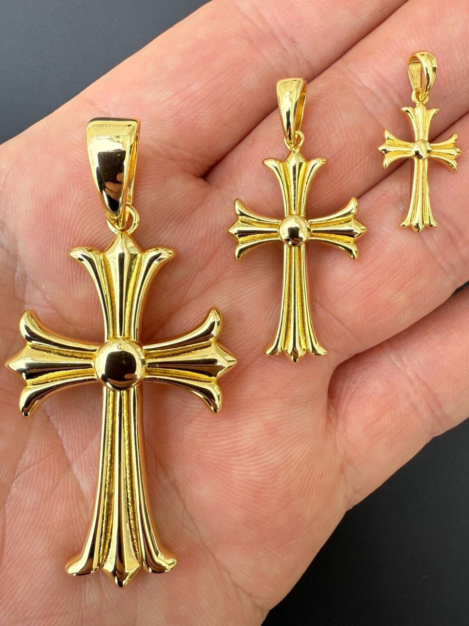 Hearts Chrome Cross Pendant - 14k Gold Vermeil 925 Silver - 3 Sizes 1"-2.5"