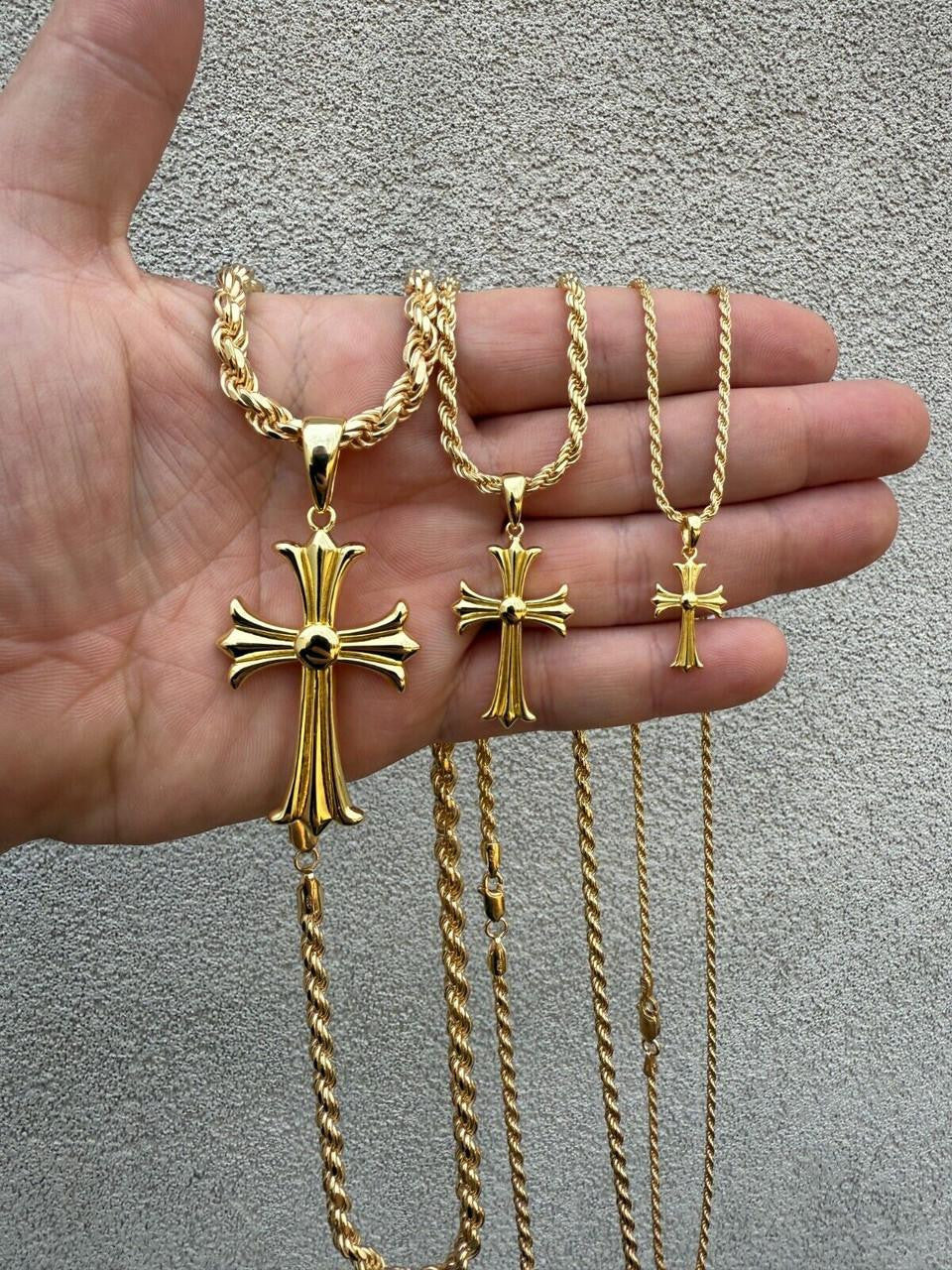 Hearts Chrome Cross Pendant - 14k Gold Vermeil 925 Silver - 3 Sizes 1"-2.5"