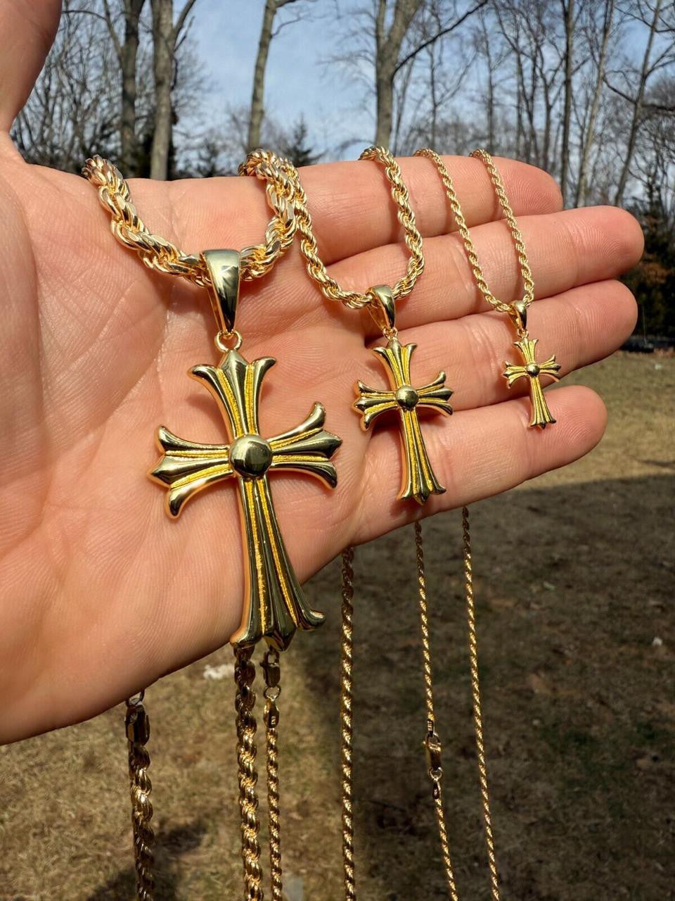 Hearts Chrome Cross Pendant - 14k Gold Vermeil 925 Silver - 3 Sizes 1"-2.5"