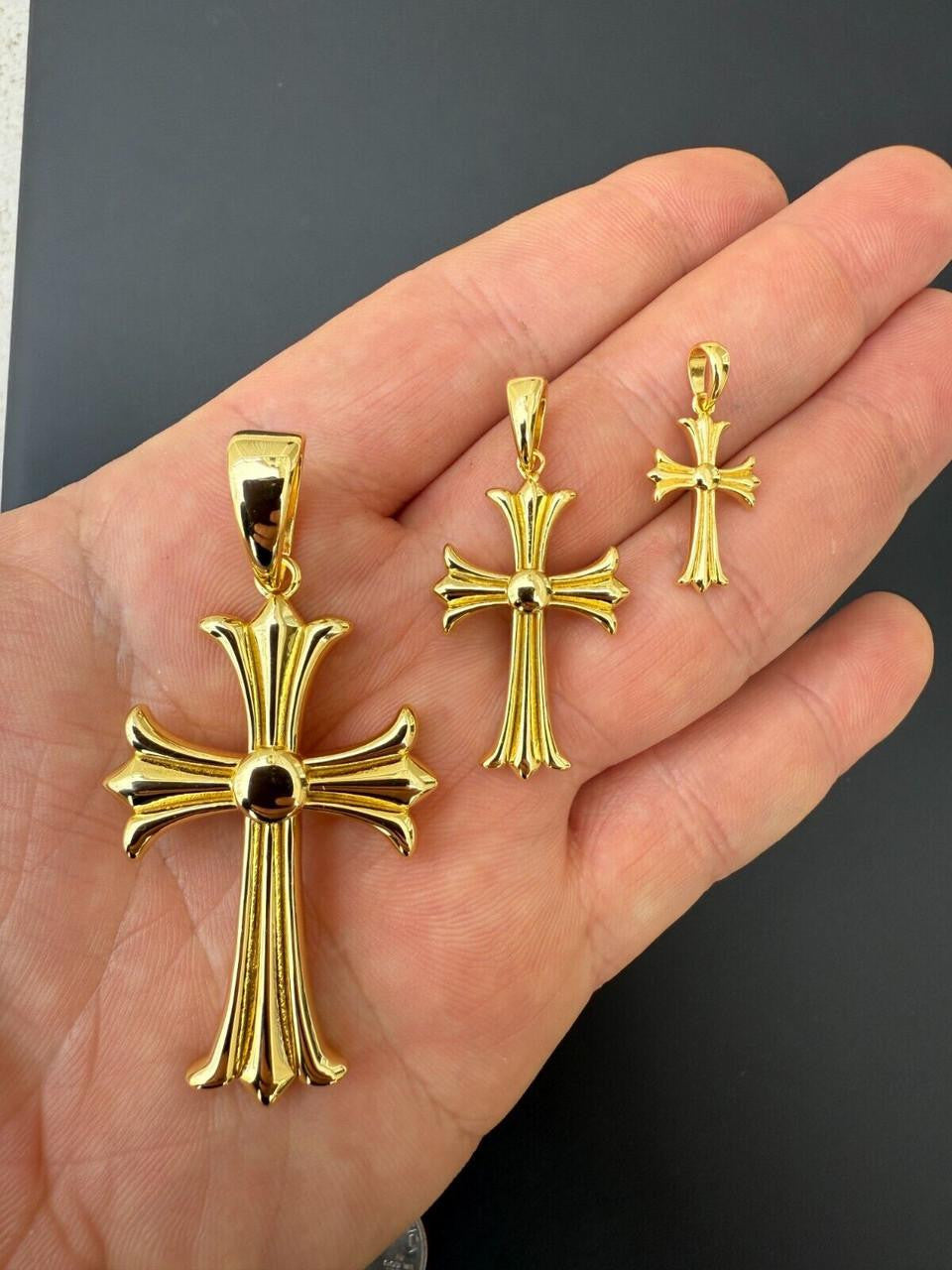 Hearts Chrome Cross Pendant - 14k Gold Vermeil 925 Silver - 3 Sizes 1"-2.5"