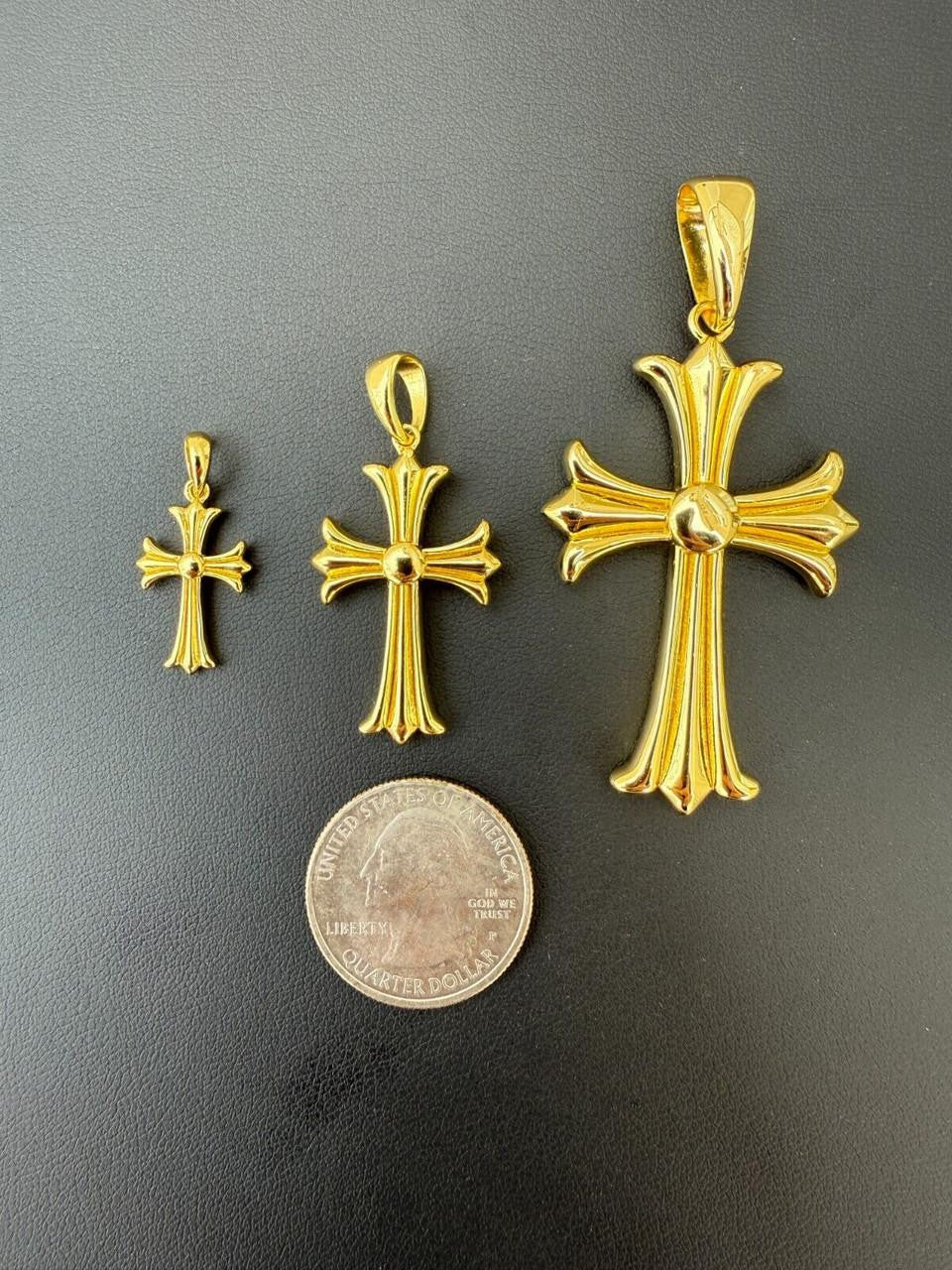 Hearts Chrome Cross Pendant - 14k Gold Vermeil 925 Silver - 3 Sizes 1"-2.5"