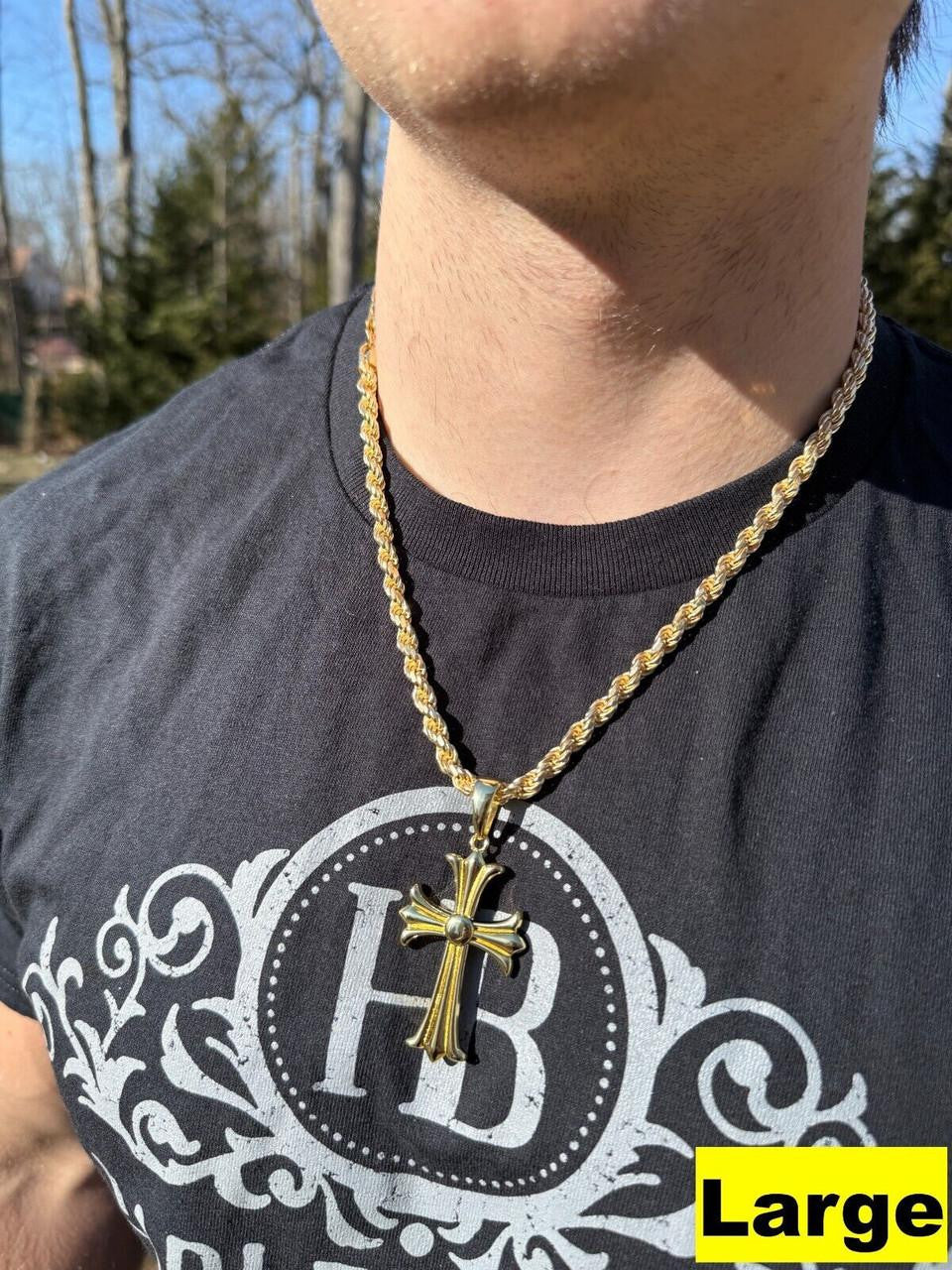 Hearts Chrome Cross Pendant - 14k Gold Vermeil 925 Silver - 3 Sizes 1"-2.5"