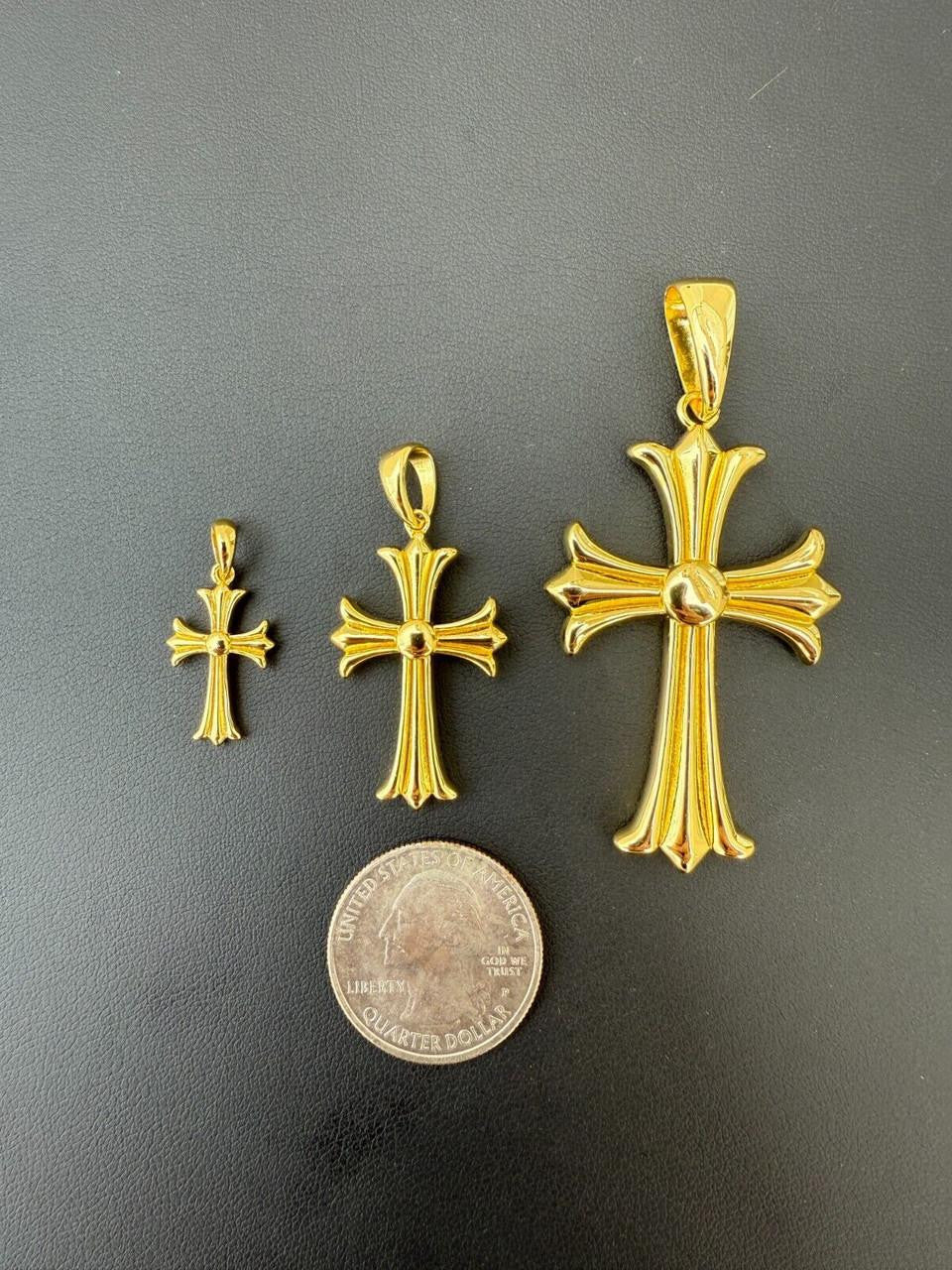 Hearts Chrome Cross Pendant - 14k Gold Vermeil 925 Silver - 3 Sizes 1"-2.5"