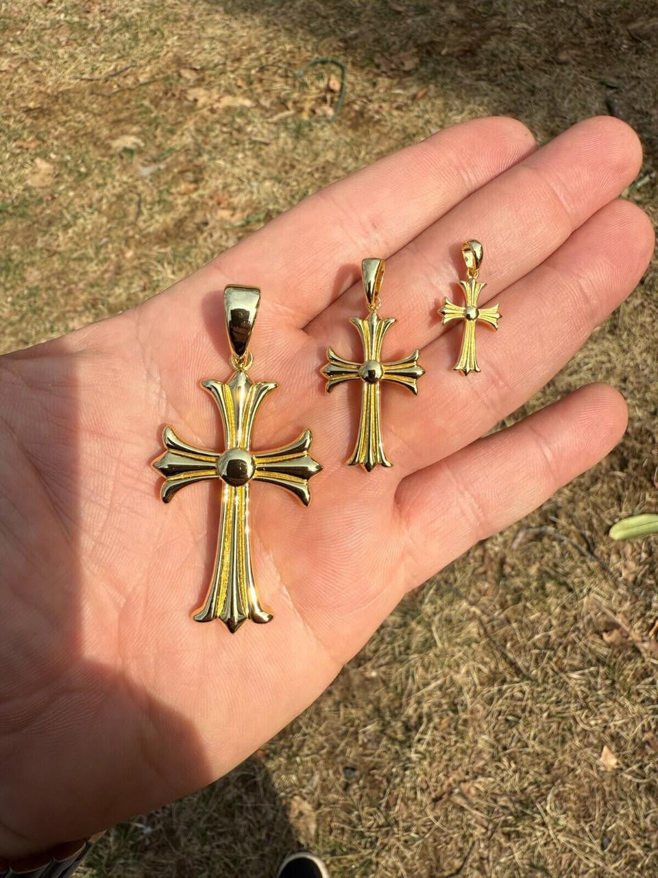 Hearts Chrome Cross Pendant - 14k Gold Vermeil 925 Silver - 3 Sizes 1"-2.5"