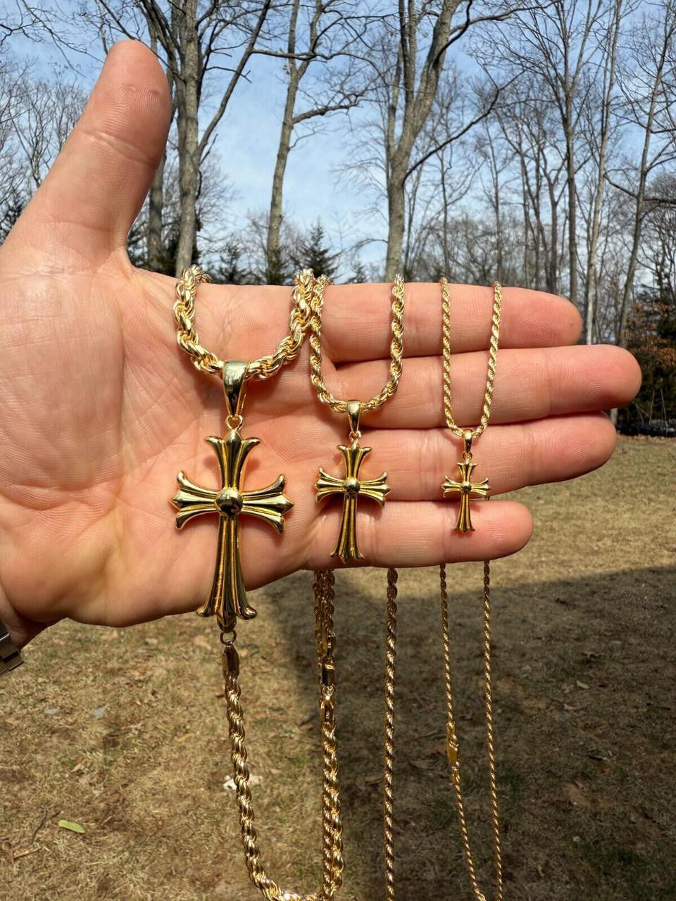 Hearts Chrome Cross Pendant - 14k Gold Vermeil 925 Silver - 3 Sizes 1"-2.5"