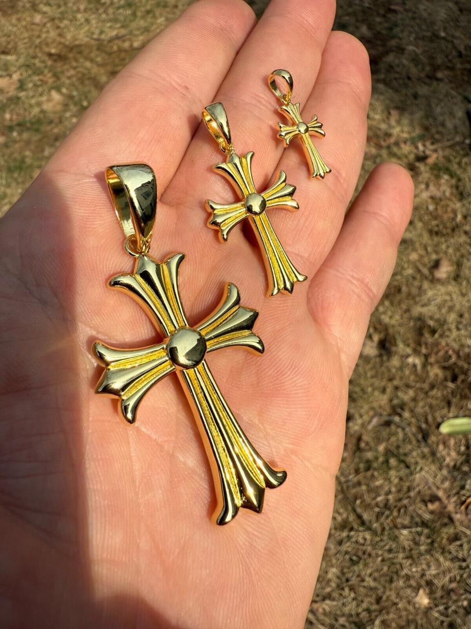 Hearts Chrome Cross Pendant - 14k Gold Vermeil 925 Silver - 3 Sizes 1"-2.5"