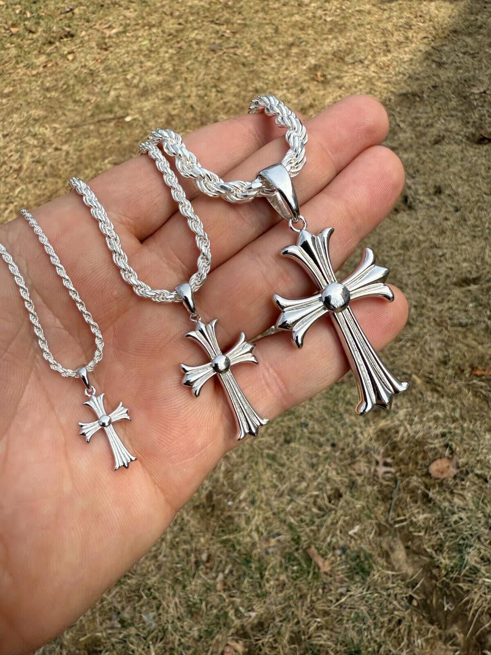 Hearts Chrome Cross Pendant - 925 Silver - 3 Sizes 1"-2.5"