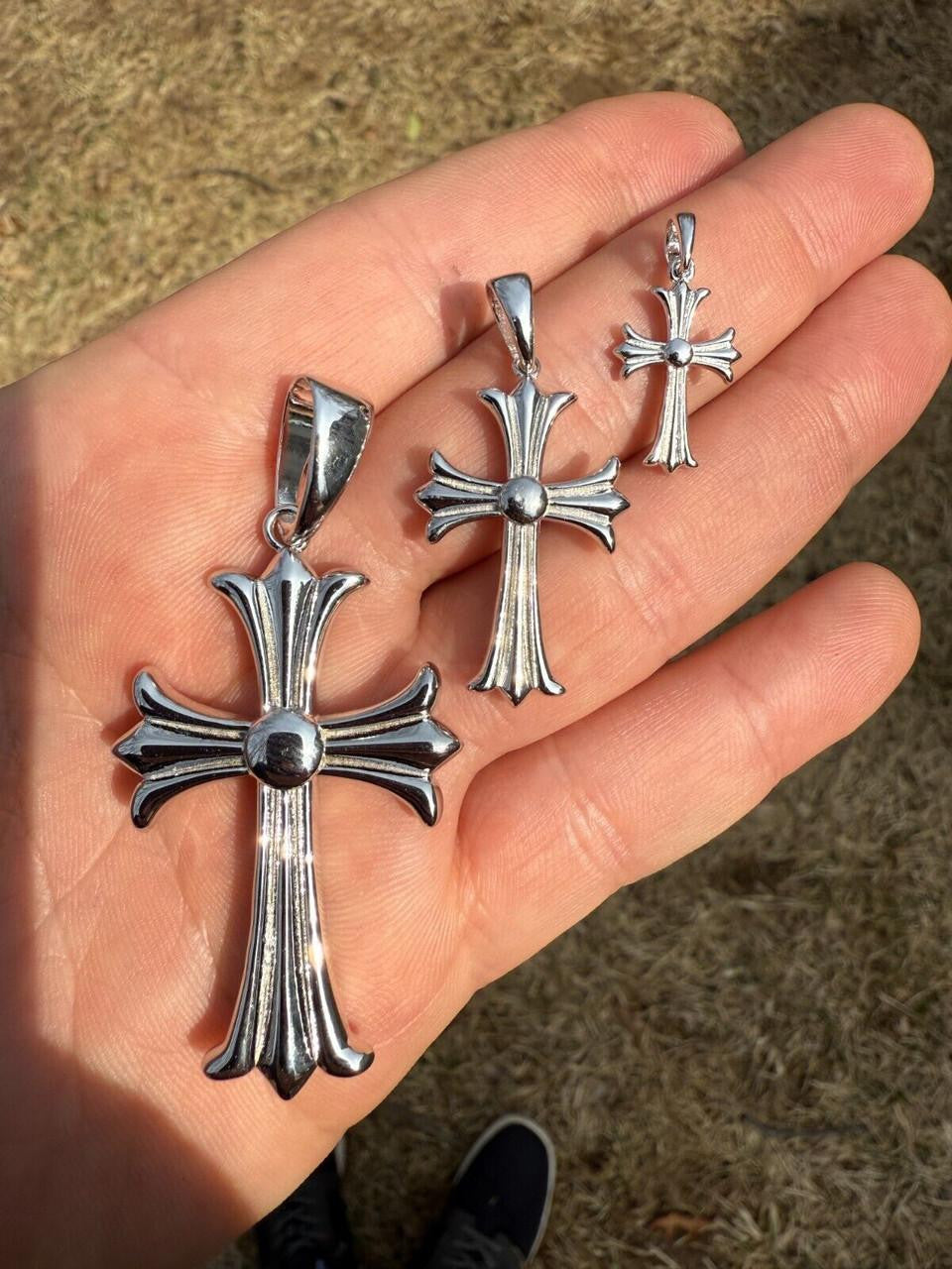 Hearts Chrome Cross Pendant - 925 Silver - 3 Sizes 1"-2.5"