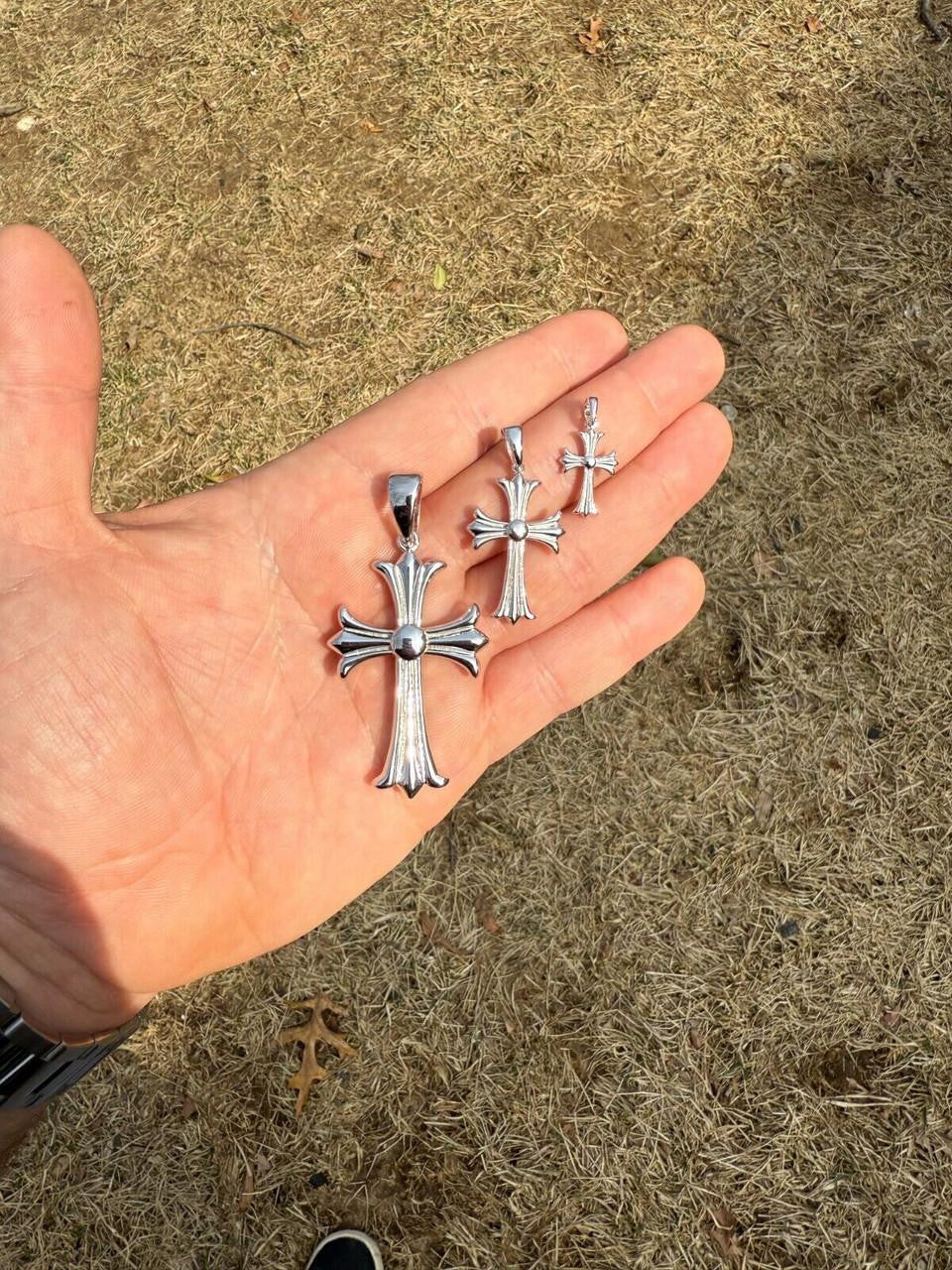 Hearts Chrome Cross Pendant - 925 Silver - 3 Sizes 1"-2.5"