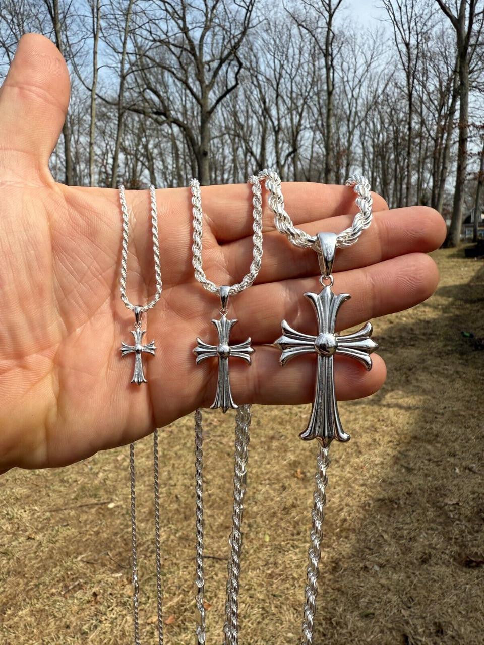 Hearts Chrome Cross Pendant - 925 Silver - 3 Sizes 1"-2.5"