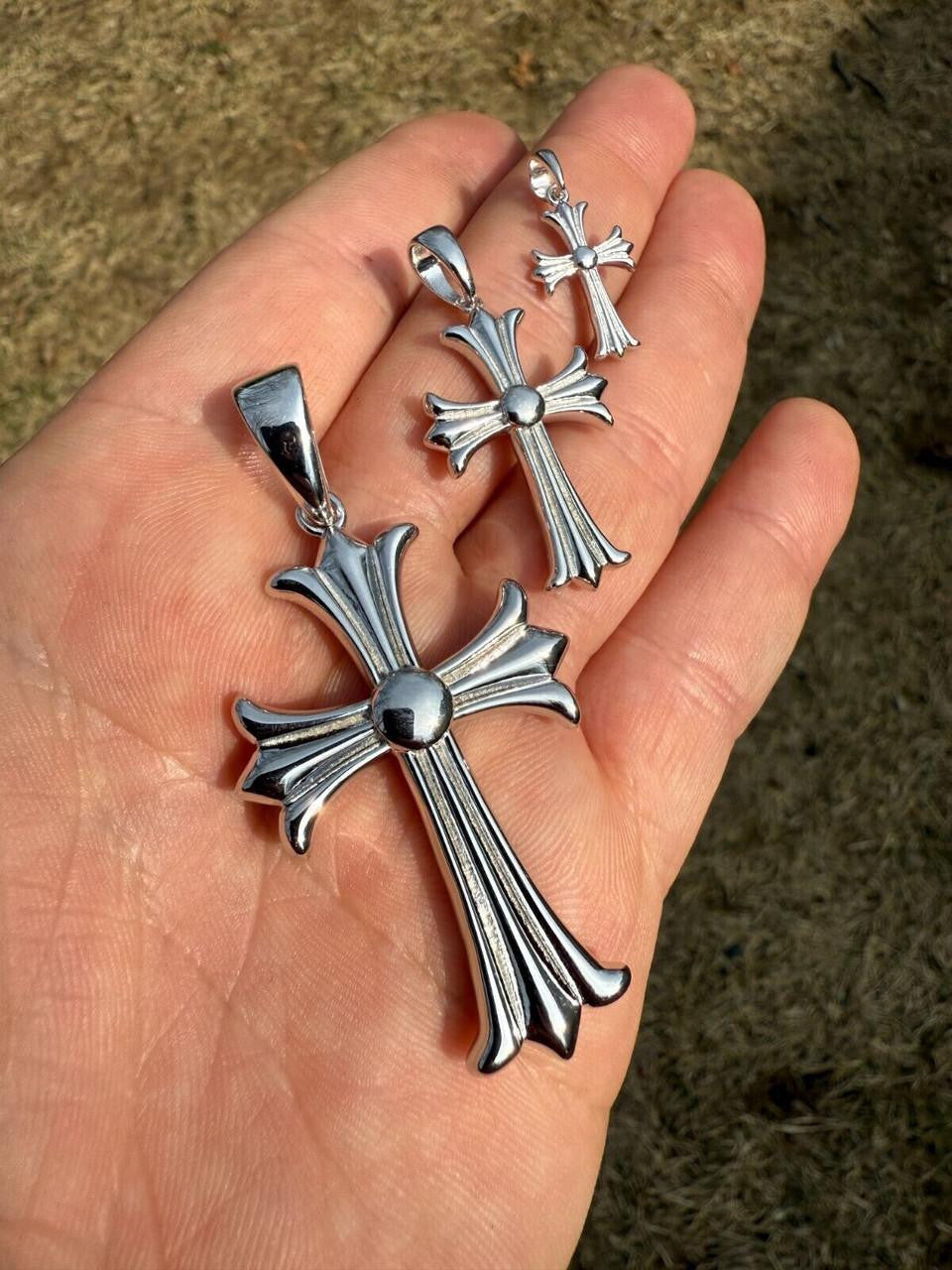 Hearts Chrome Cross Pendant - 925 Silver - 3 Sizes 1"-2.5"