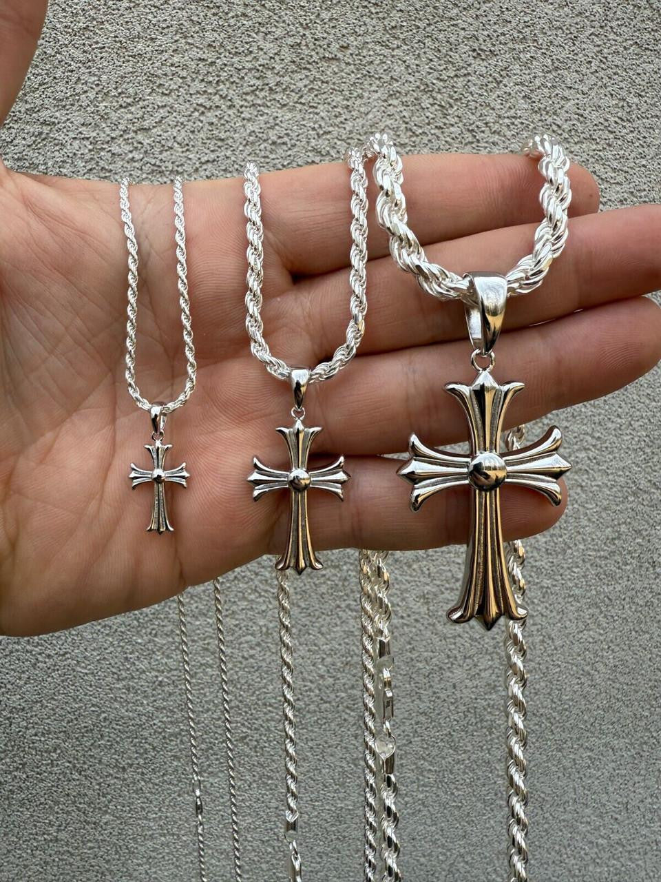 Hearts Chrome Cross Pendant - 925 Silver - 3 Sizes 1"-2.5"