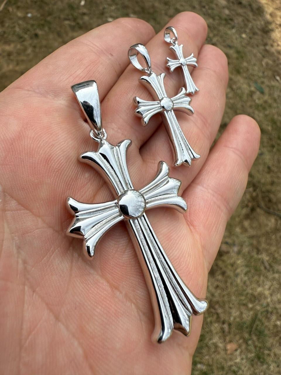 Hearts Chrome Cross Pendant - 925 Silver - 3 Sizes 1"-2.5"