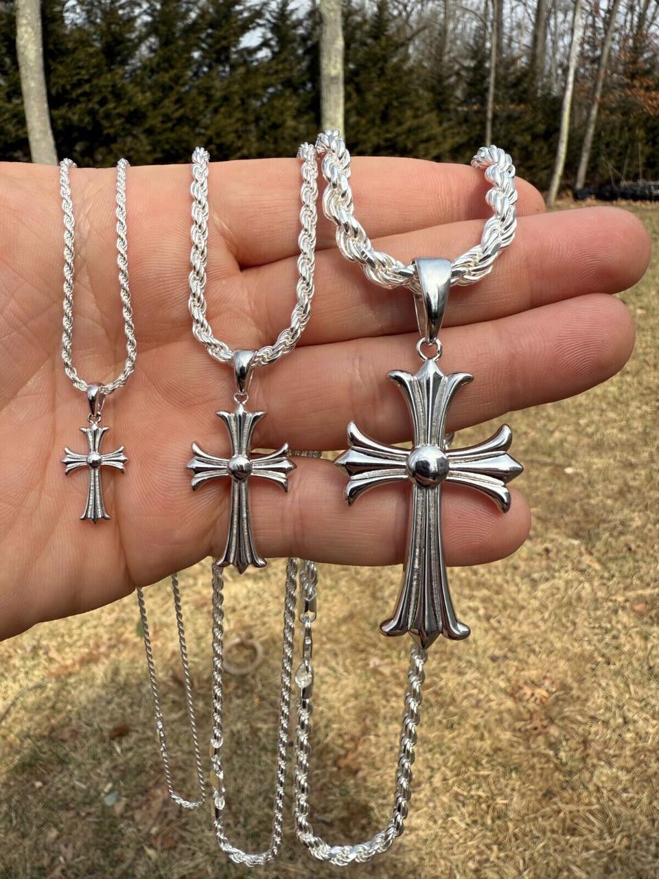 Hearts Chrome Cross Pendant - 925 Silver - 3 Sizes 1"-2.5"