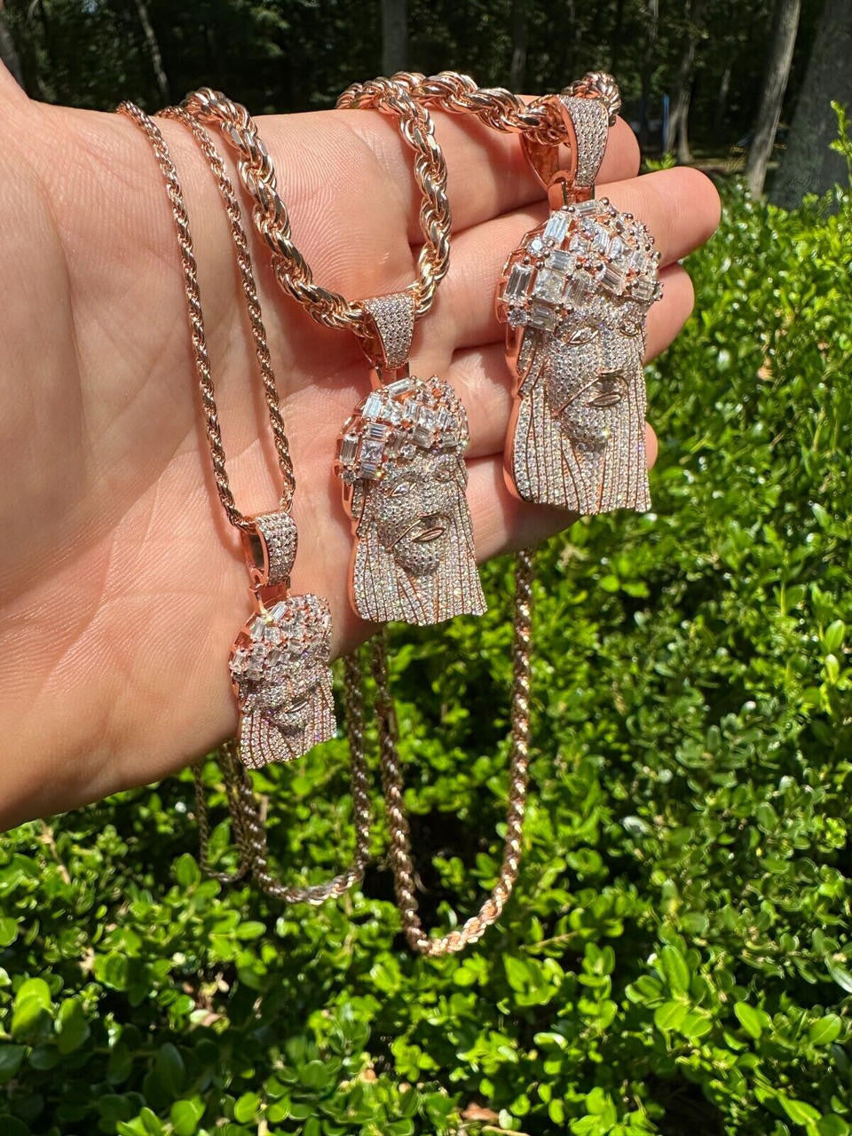 MOISSANITE Royalty Jesus Piece Fully Iced Out Pendant - 14k Rose Gold Vermeil 925 Silver - 3 Sizes 1.5"-3"