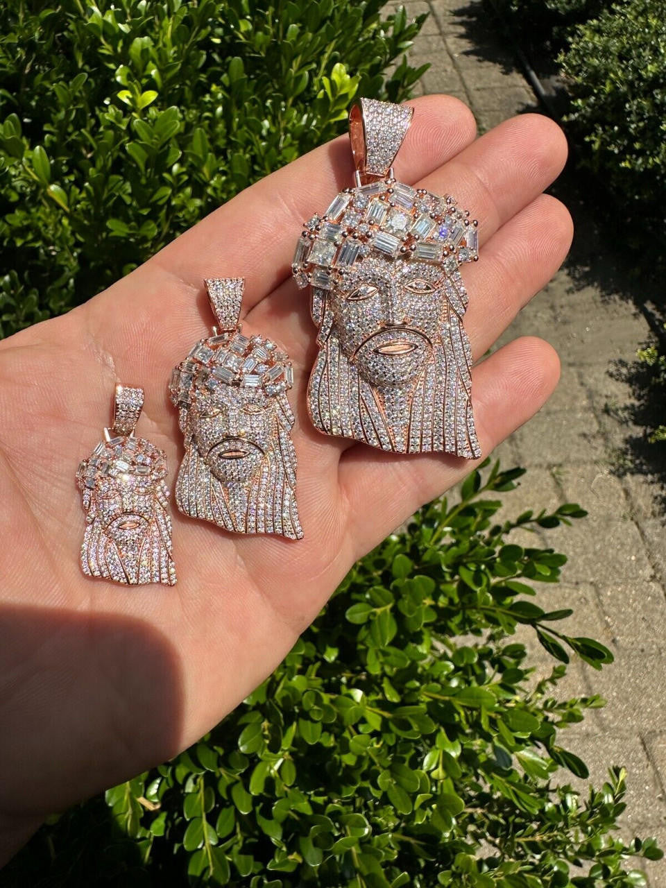 MOISSANITE Royalty Jesus Piece Fully Iced Out Pendant - 14k Rose Gold Vermeil 925 Silver - 3 Sizes 1.5"-3"