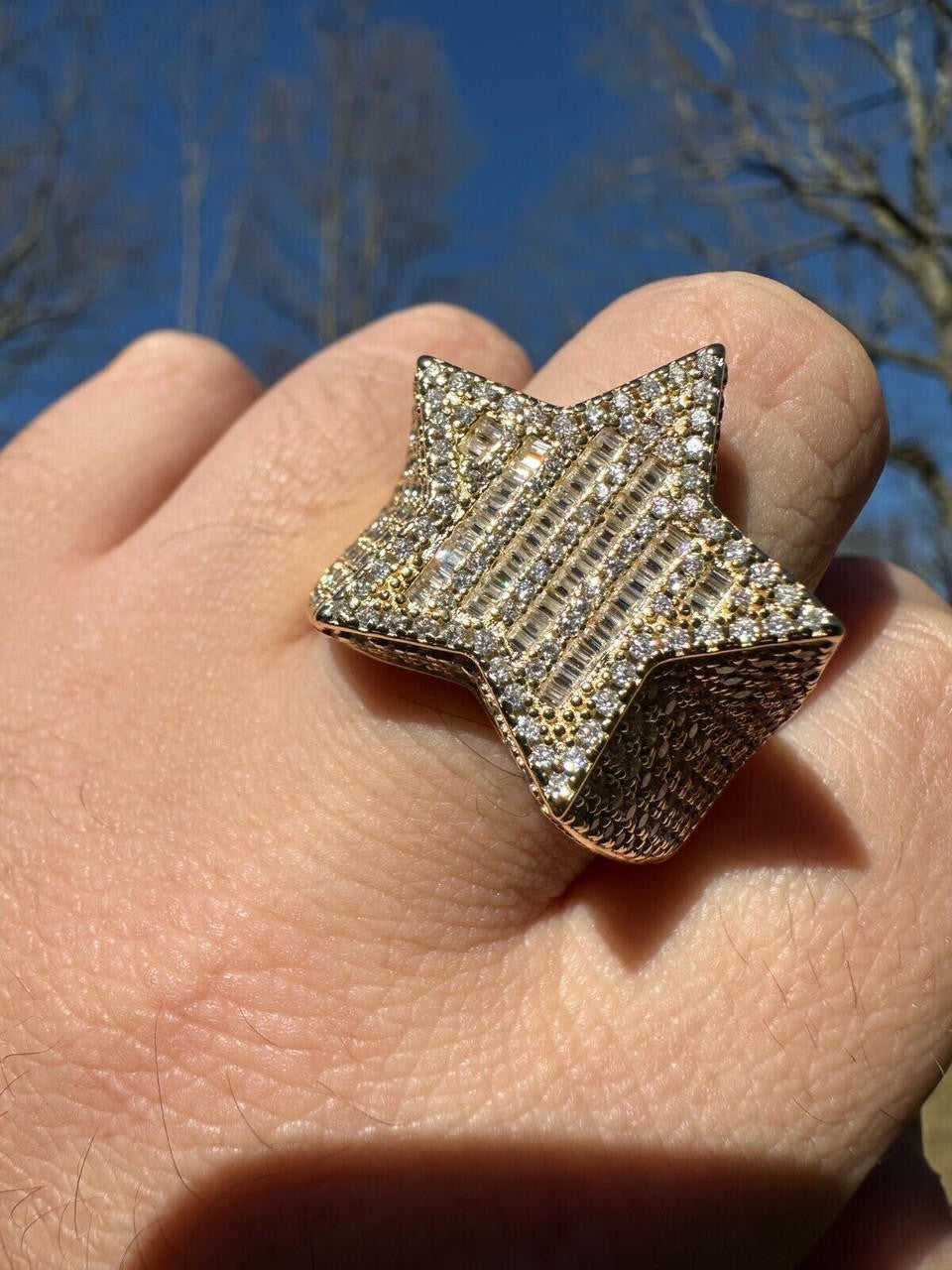 MOISSANITE Baguette Rap Star Ring - 14k Gold Vermeil 925 Silver