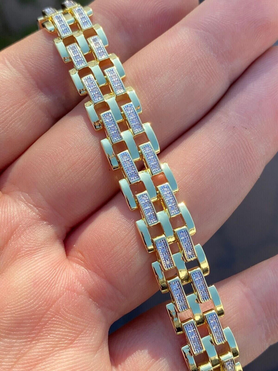 MOISSANITE Custom Presidential Link Bracelet Iced Out - 14k Gold Vermeil 925 Silver - 10.5mm - 7"-8.5"