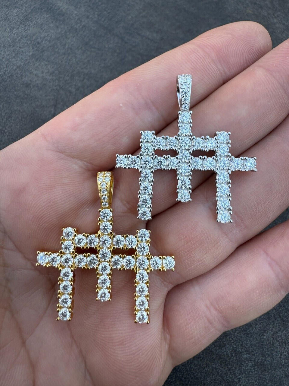 MOISSANITE Triple Cross Hip Hop Pendant - 14k Yellow Gold Vermeil Or 925 Silver - Small 1.5"