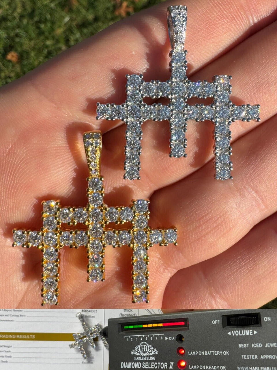MOISSANITE Triple Cross Hip Hop Pendant - 14k Yellow Gold Vermeil Or 925 Silver - Small 1.5"