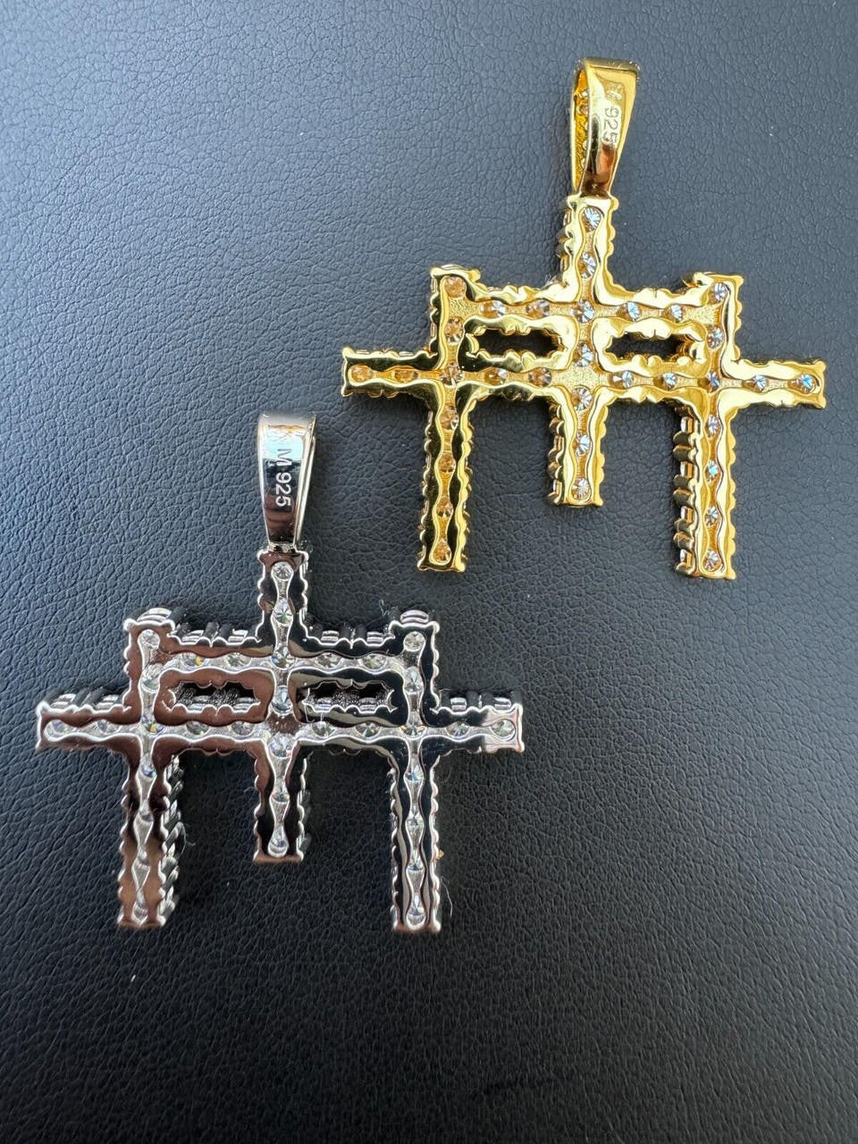 MOISSANITE Triple Cross Hip Hop Pendant - 14k Yellow Gold Vermeil Or 925 Silver - Small 1.5"