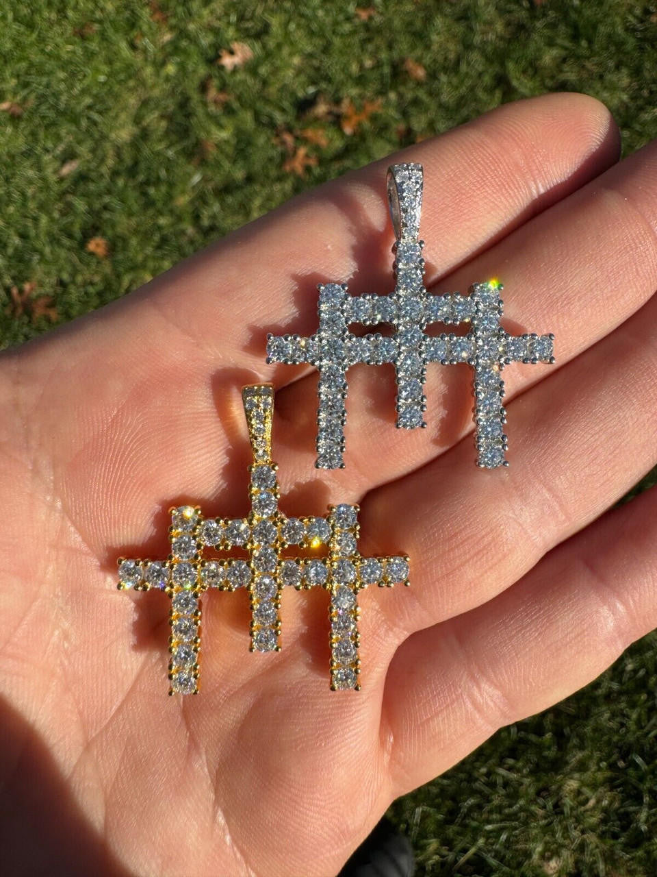 MOISSANITE Triple Cross Hip Hop Pendant - 14k Yellow Gold Vermeil Or 925 Silver - Small 1.5"