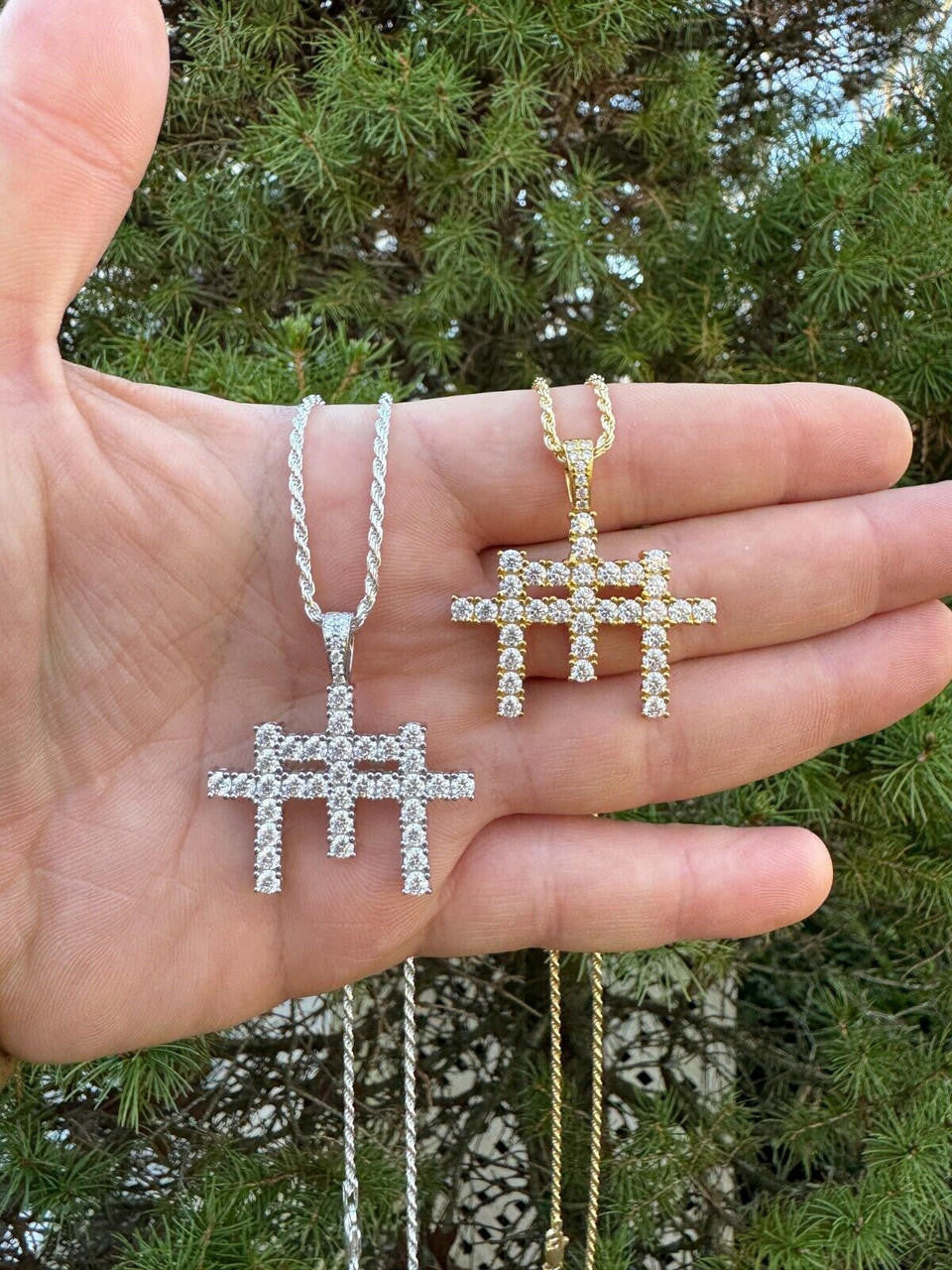 MOISSANITE Triple Cross Hip Hop Pendant - 14k Yellow Gold Vermeil Or 925 Silver - Small 1.5"