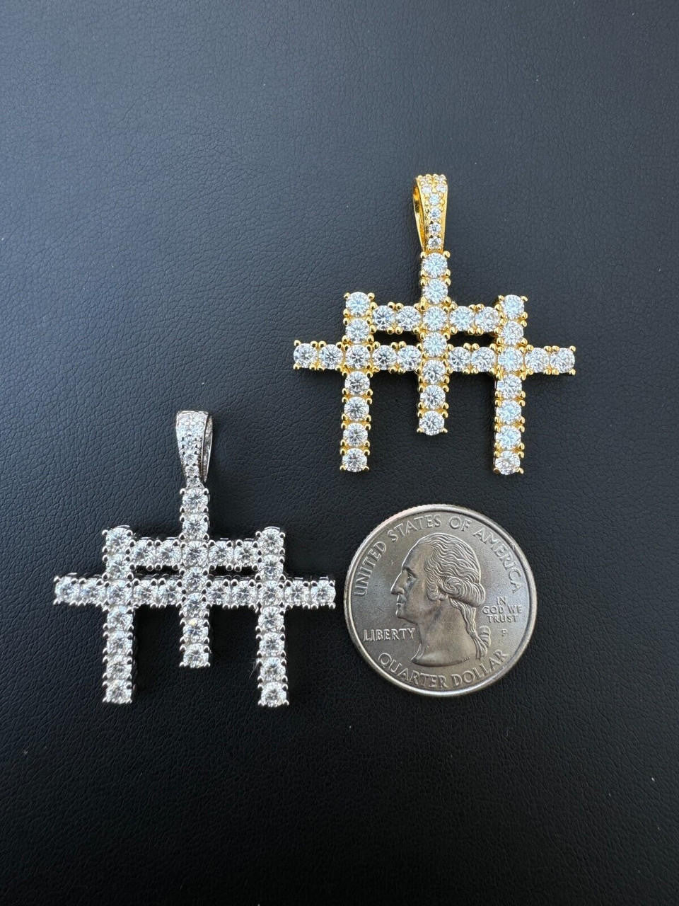 MOISSANITE Triple Cross Hip Hop Pendant - 14k Yellow Gold Vermeil Or 925 Silver - Small 1.5"