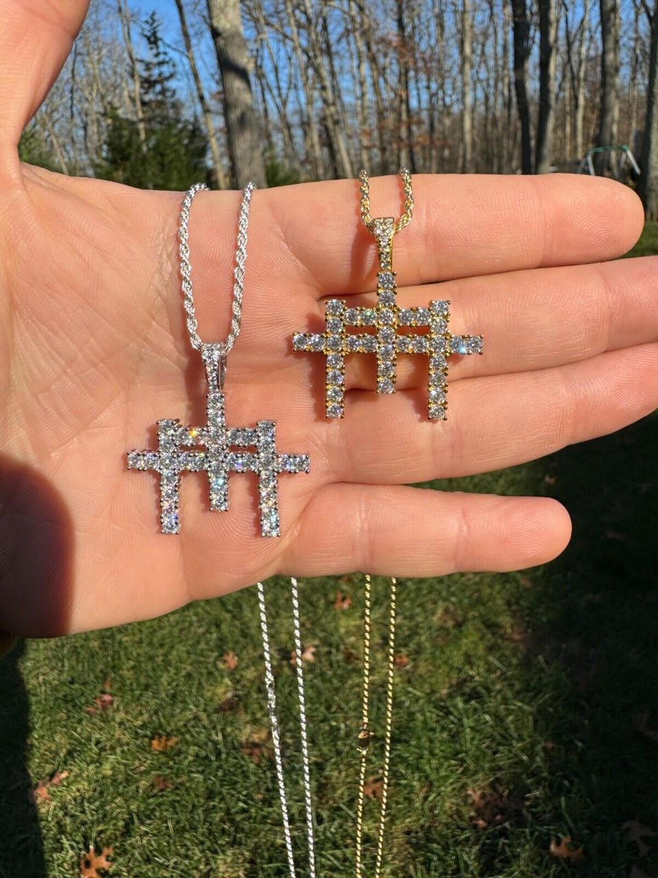 MOISSANITE Triple Cross Hip Hop Pendant - 14k Yellow Gold Vermeil Or 925 Silver - Small 1.5"