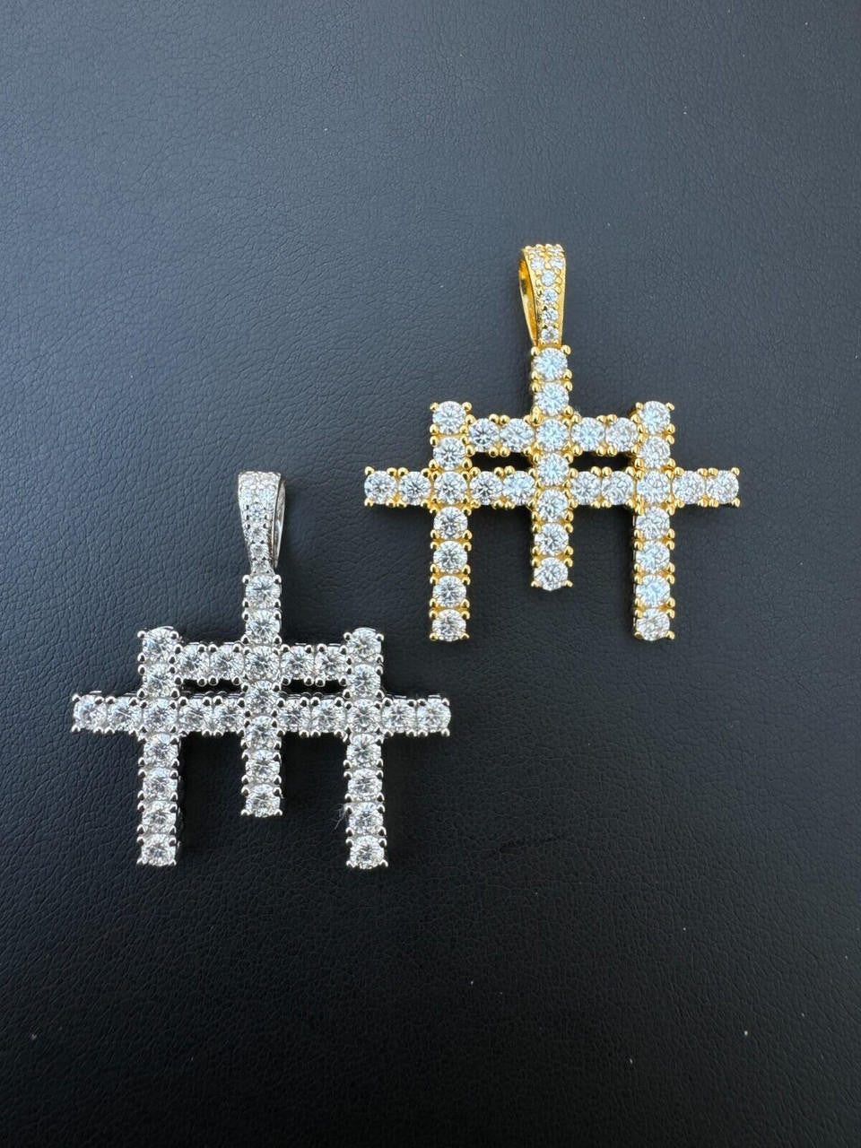 MOISSANITE Triple Cross Hip Hop Pendant - 14k Yellow Gold Vermeil Or 925 Silver - Small 1.5"