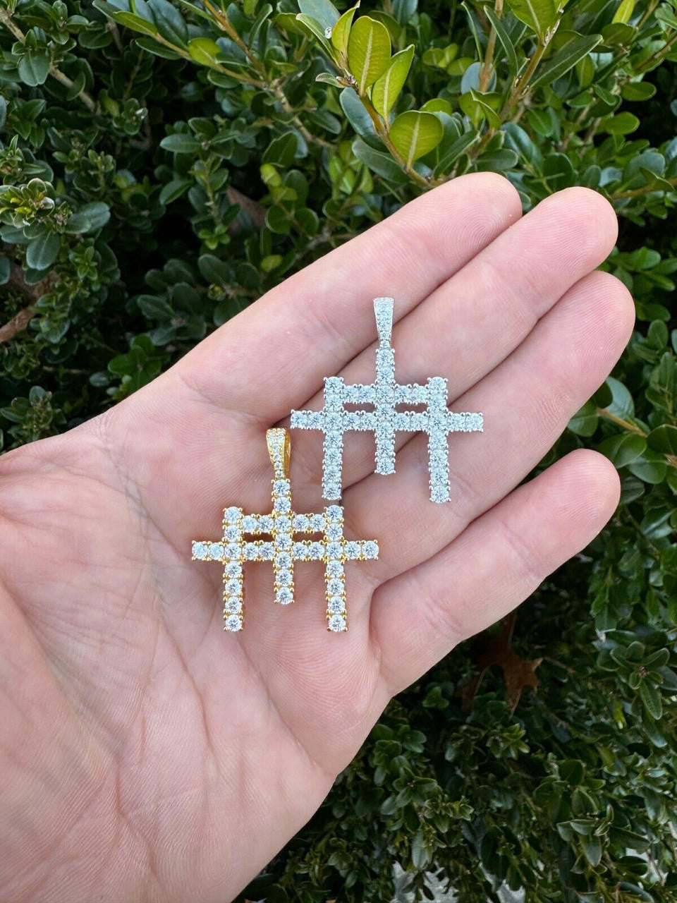 MOISSANITE Triple Cross Hip Hop Pendant - 14k Yellow Gold Vermeil Or 925 Silver - Small 1.5"