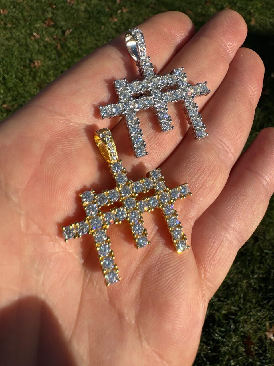 MOISSANITE Triple Cross Hip Hop Pendant - 14k Yellow Gold Vermeil Or 925 Silver - Small 1.5"