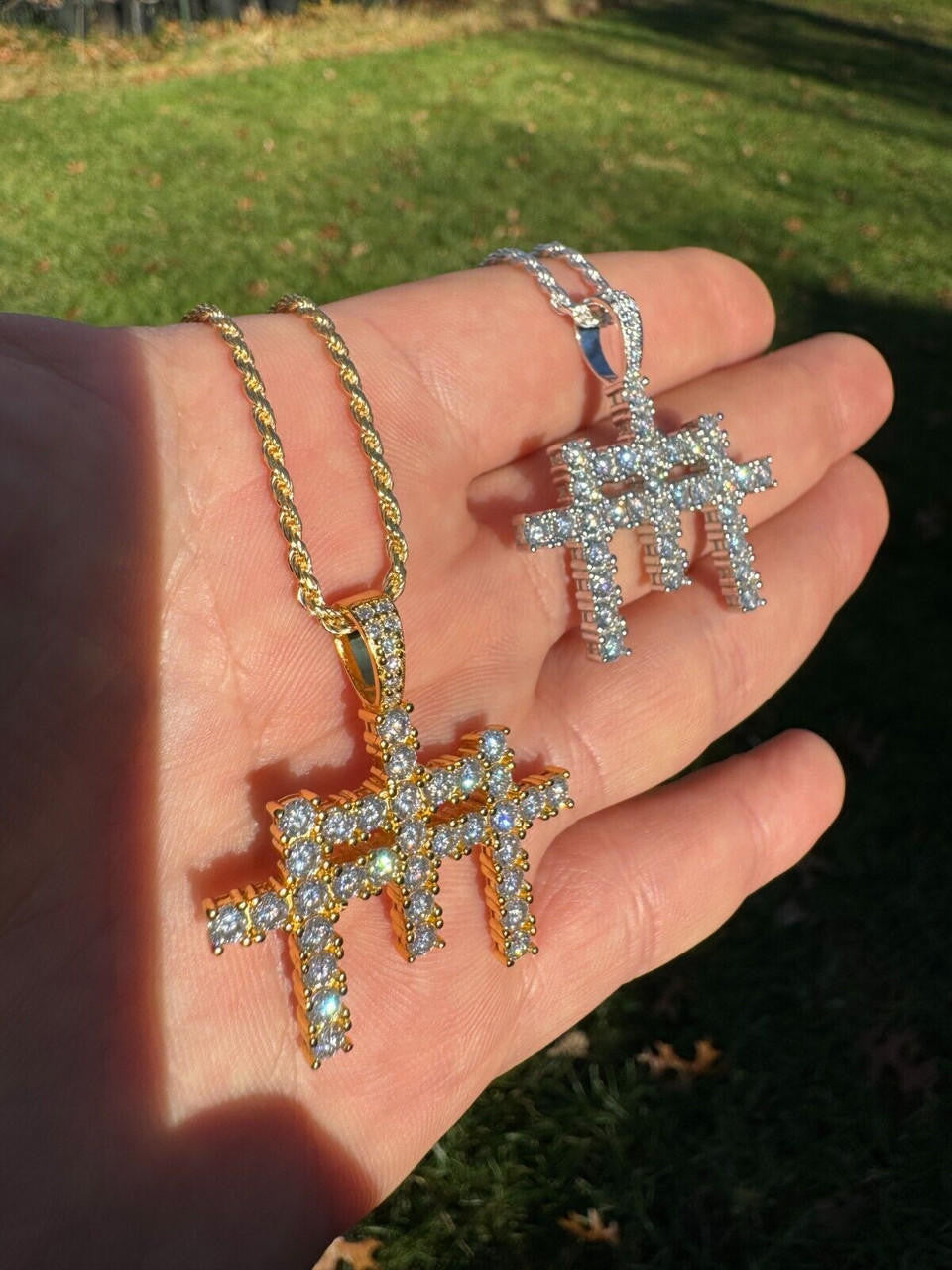 MOISSANITE Triple Cross Hip Hop Pendant - 14k Yellow Gold Vermeil Or 925 Silver - Small 1.5"