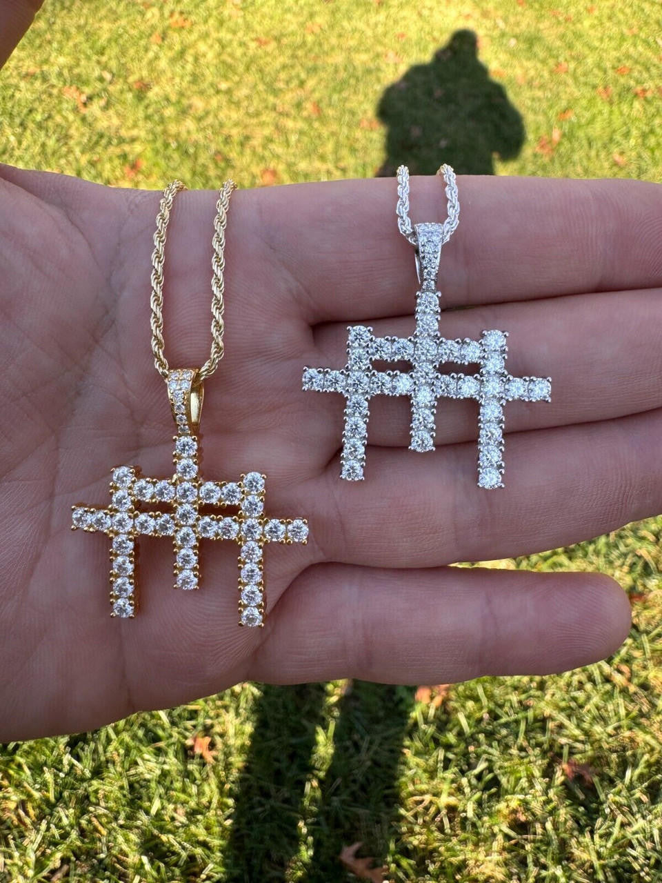 MOISSANITE Triple Cross Hip Hop Pendant - 14k Yellow Gold Vermeil Or 925 Silver - Small 1.5"