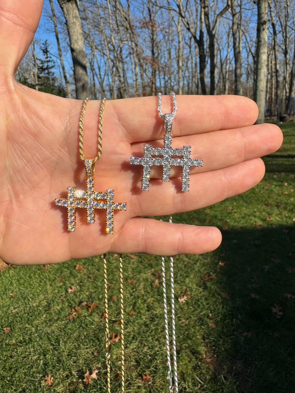 MOISSANITE Triple Cross Hip Hop Pendant - 14k Yellow Gold Vermeil Or 925 Silver - Small 1.5"