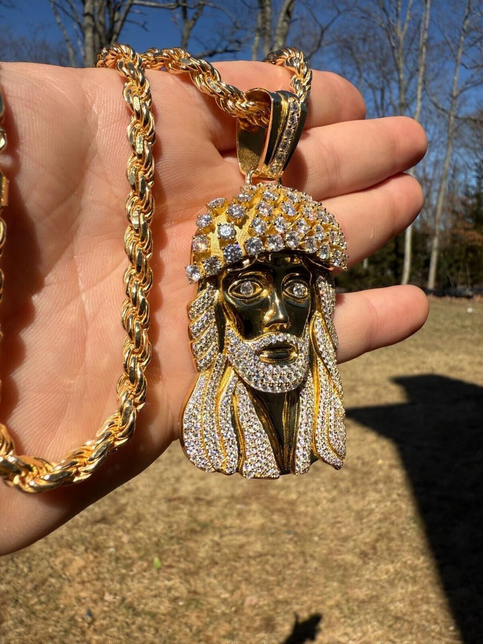 MOISSANITE Tito Biggie Smalls Kufi Jesus Piece Pendant - 14k Gold Vermeil 925 Silver - 3 Sizes 1"-2.5"