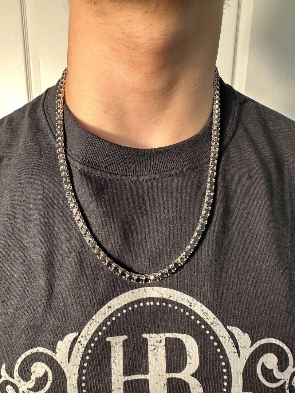 Real Black MOISSANITE 5mm Tennis Chain 925 Silver Iced Necklace Pass Tester