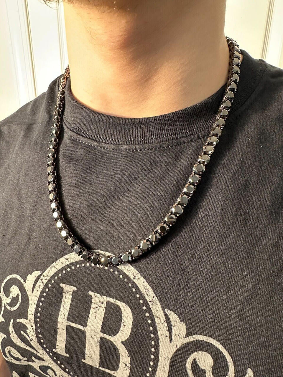 Black Moissanite Tennis Chain Necklace Iced Out - Black Rhodium Over 925 Silver - 7mm - 16"-28"
