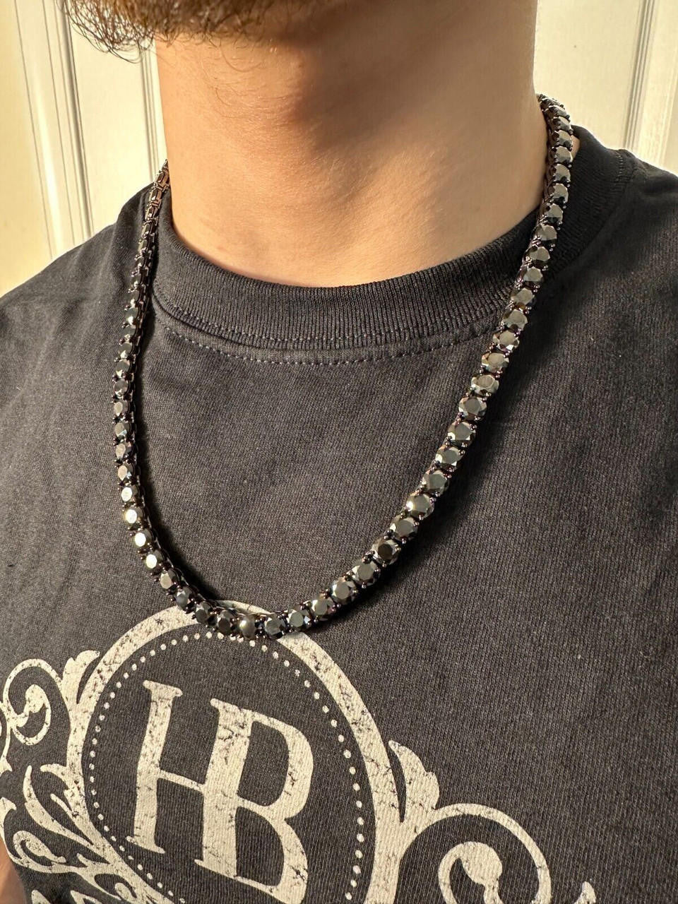 Black Moissanite Tennis Chain Necklace Iced Out - Black Rhodium Over 925 Silver - 7mm - 16"-28"
