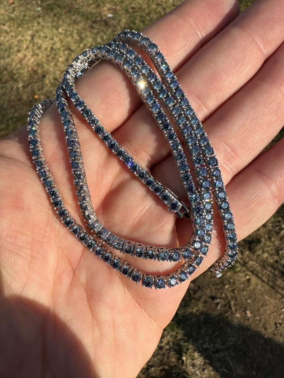 Blue MOISSANITE Tennis Chain Necklace Iced Out - 925 Silver - 3mm - 16"-28"