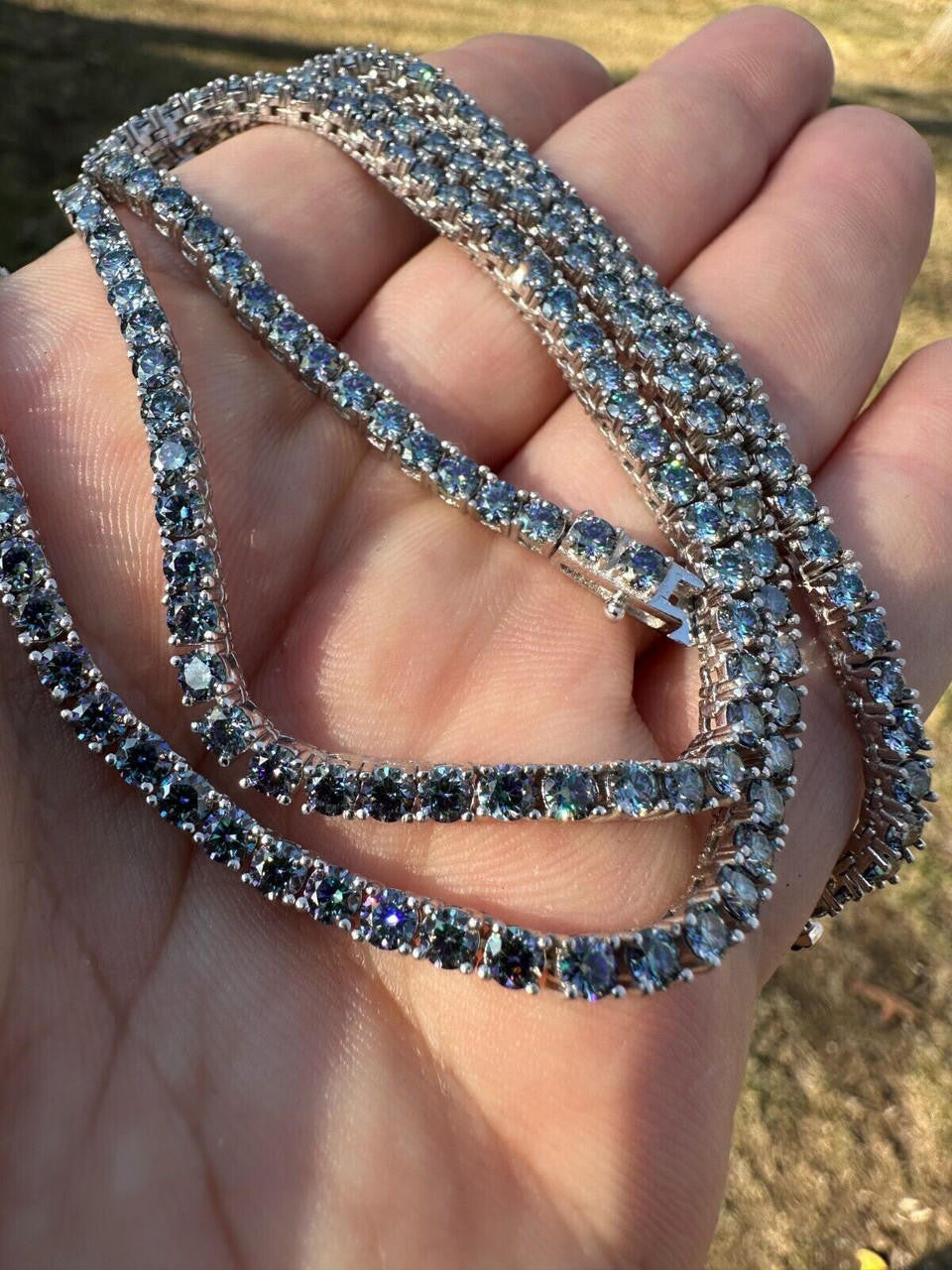 Blue MOISSANITE Tennis Chain Necklace Iced Out - 925 Silver - 3mm - 16"-28"
