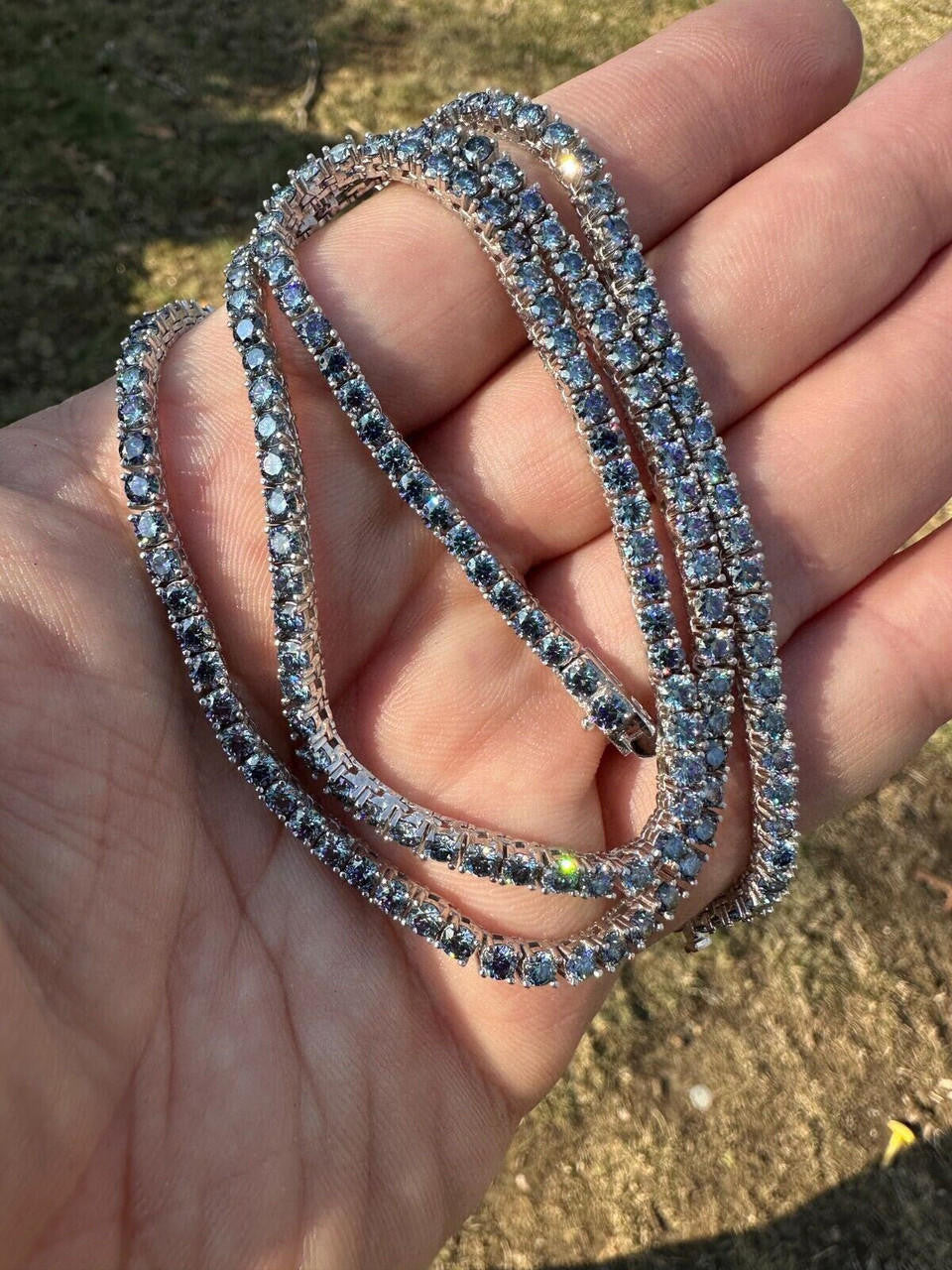 Blue MOISSANITE Tennis Chain Necklace Iced Out - 925 Silver - 3mm - 16"-28"