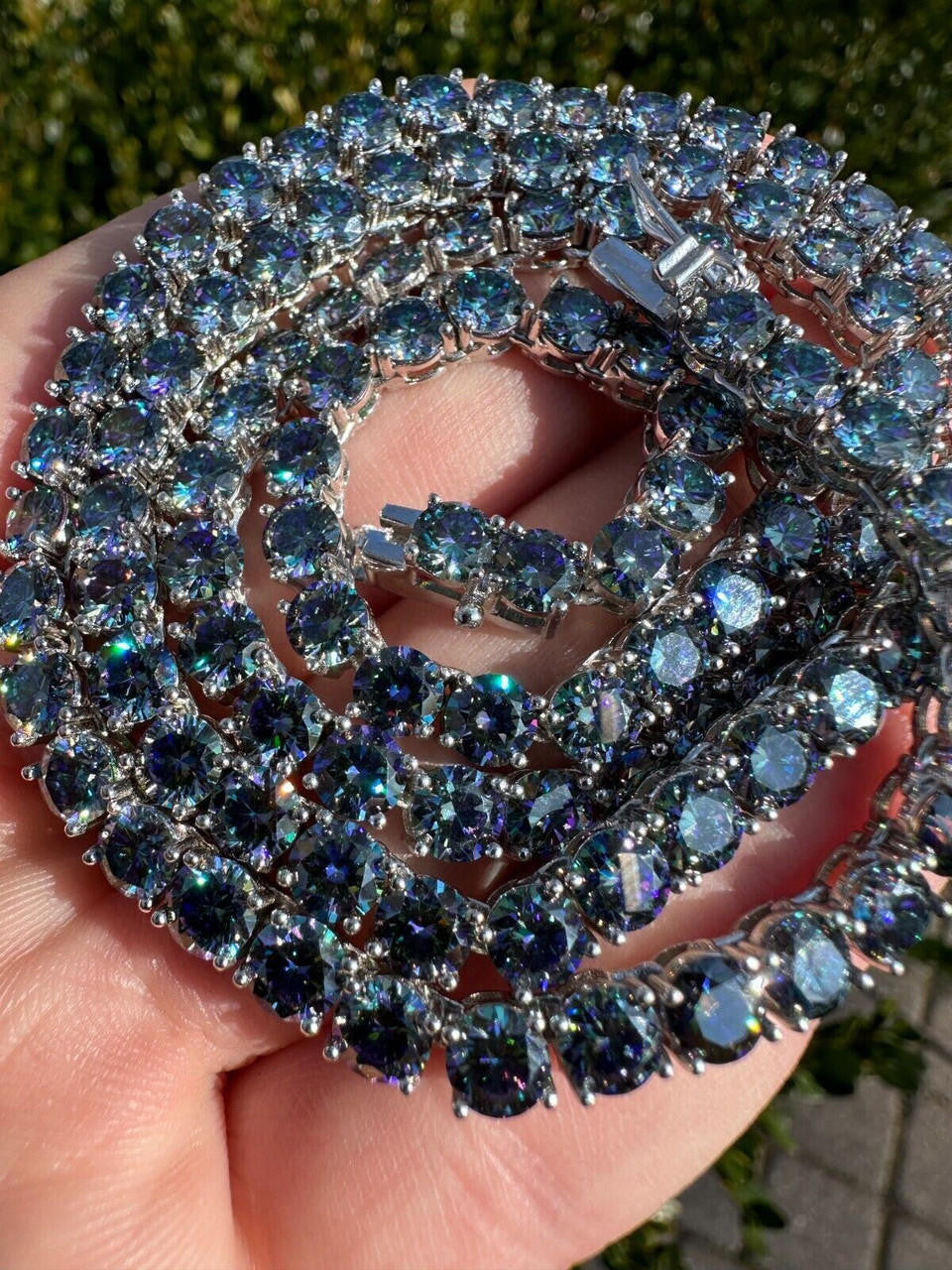 Blue MOISSANITE Tennis Chain Necklace Iced Out - 925 Silver - 5mm - 16"-28"