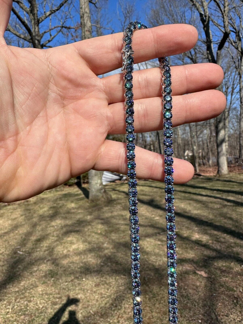 Blue MOISSANITE Tennis Chain Necklace Iced Out - 925 Silver - 5mm - 16"-28"