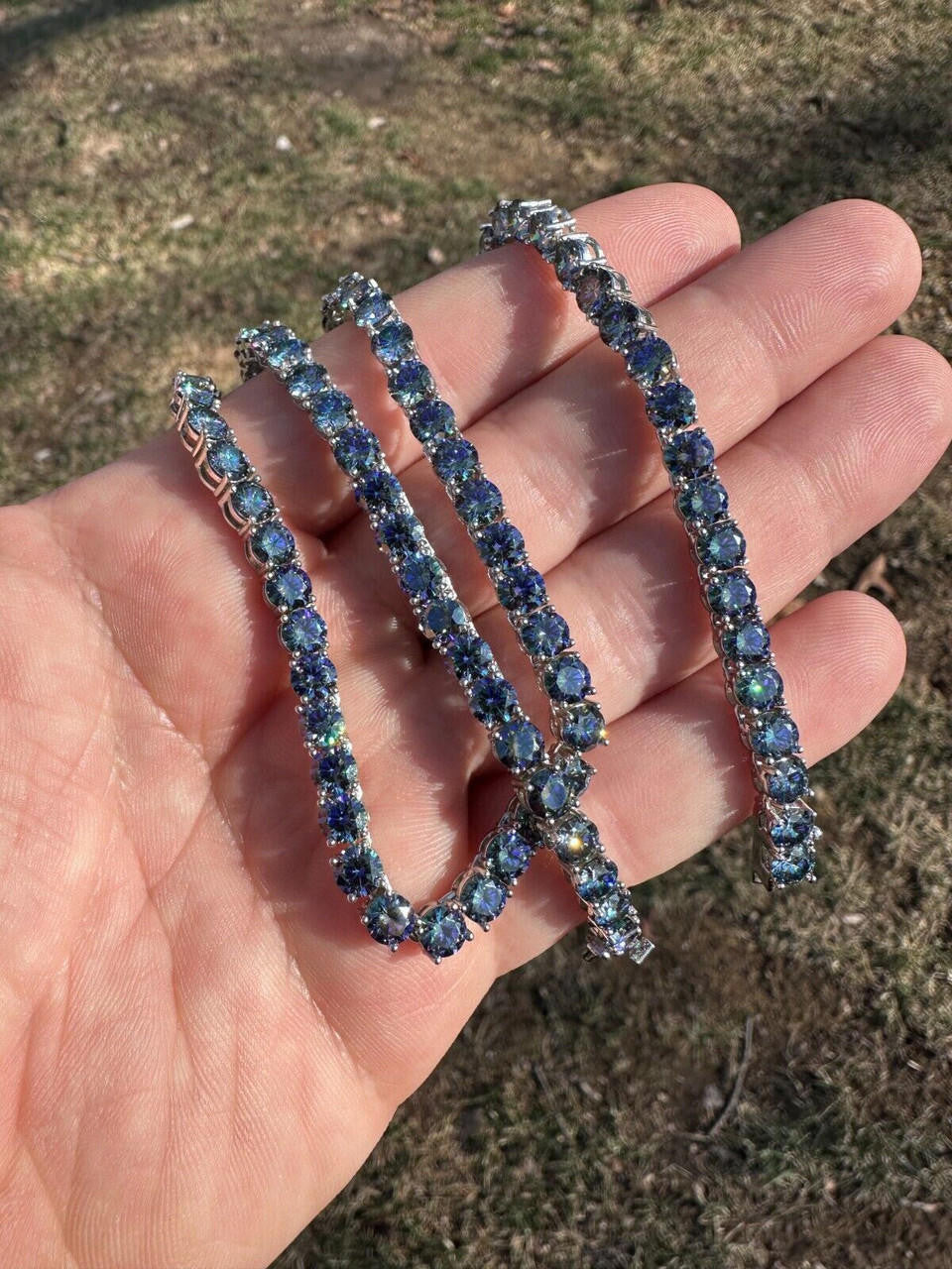 Blue MOISSANITE Tennis Chain Necklace Iced Out - 925 Silver - 5mm - 16"-28"
