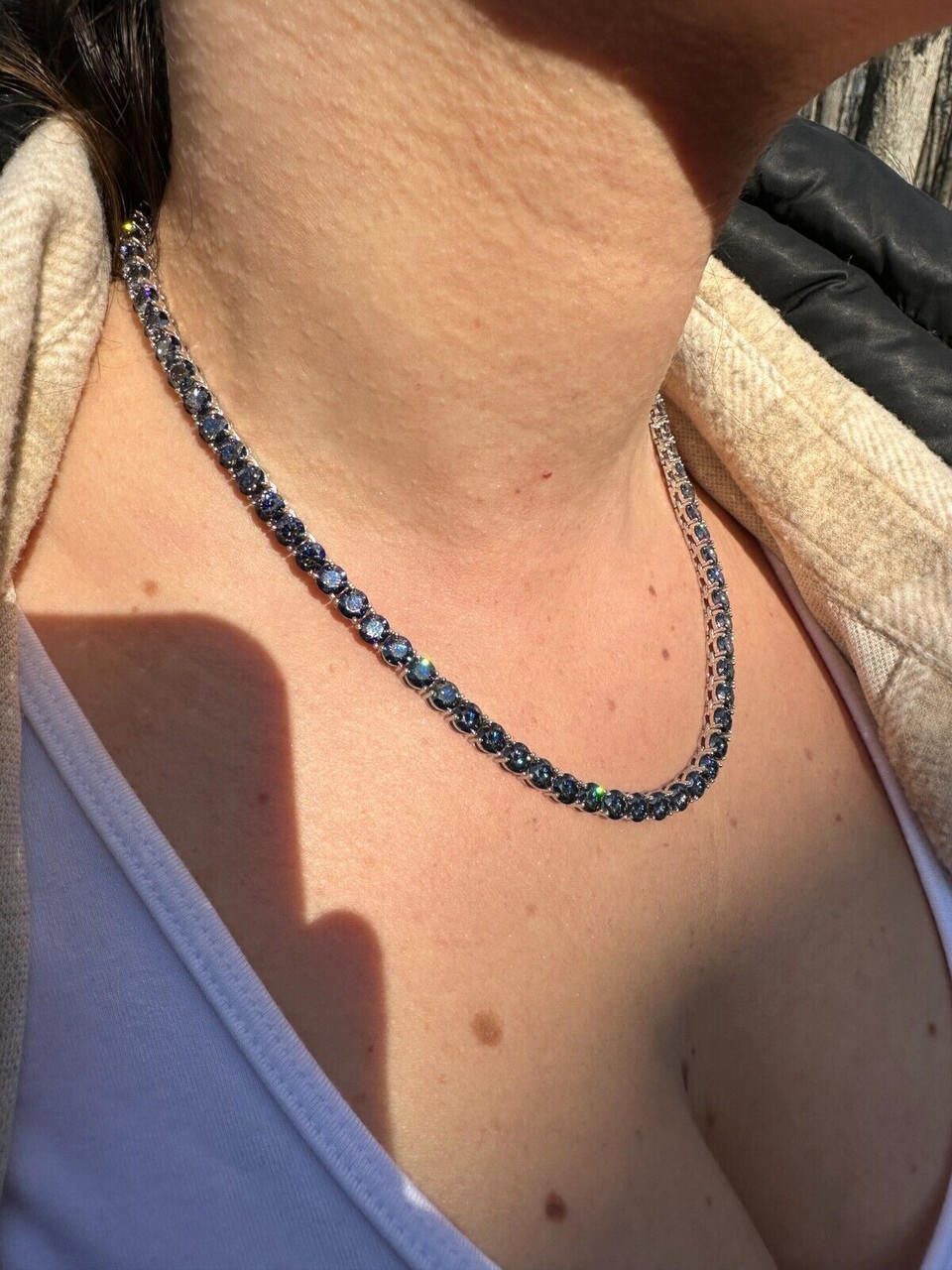 Blue MOISSANITE Tennis Chain Necklace Iced Out - 925 Silver - 5mm - 16"-28"