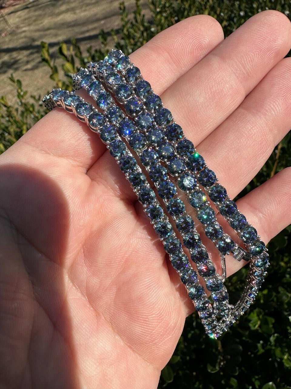 Blue MOISSANITE Tennis Chain Necklace Iced Out - 925 Silver - 5mm - 16"-28"