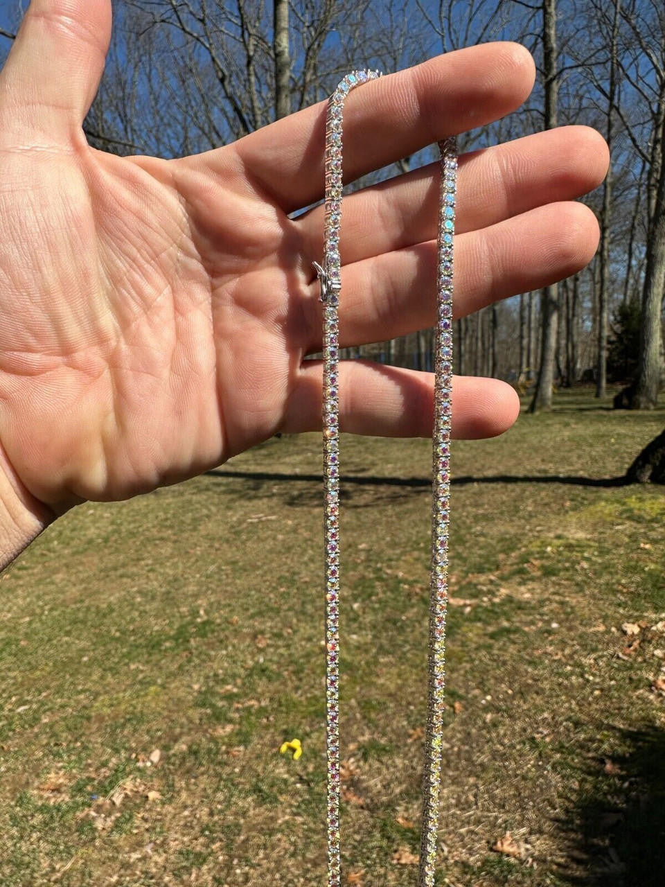 Opal Rainbow MOISSANITE Tennis Chain Necklace Iced Out - 925 Silver - 3mm - 16"-28"